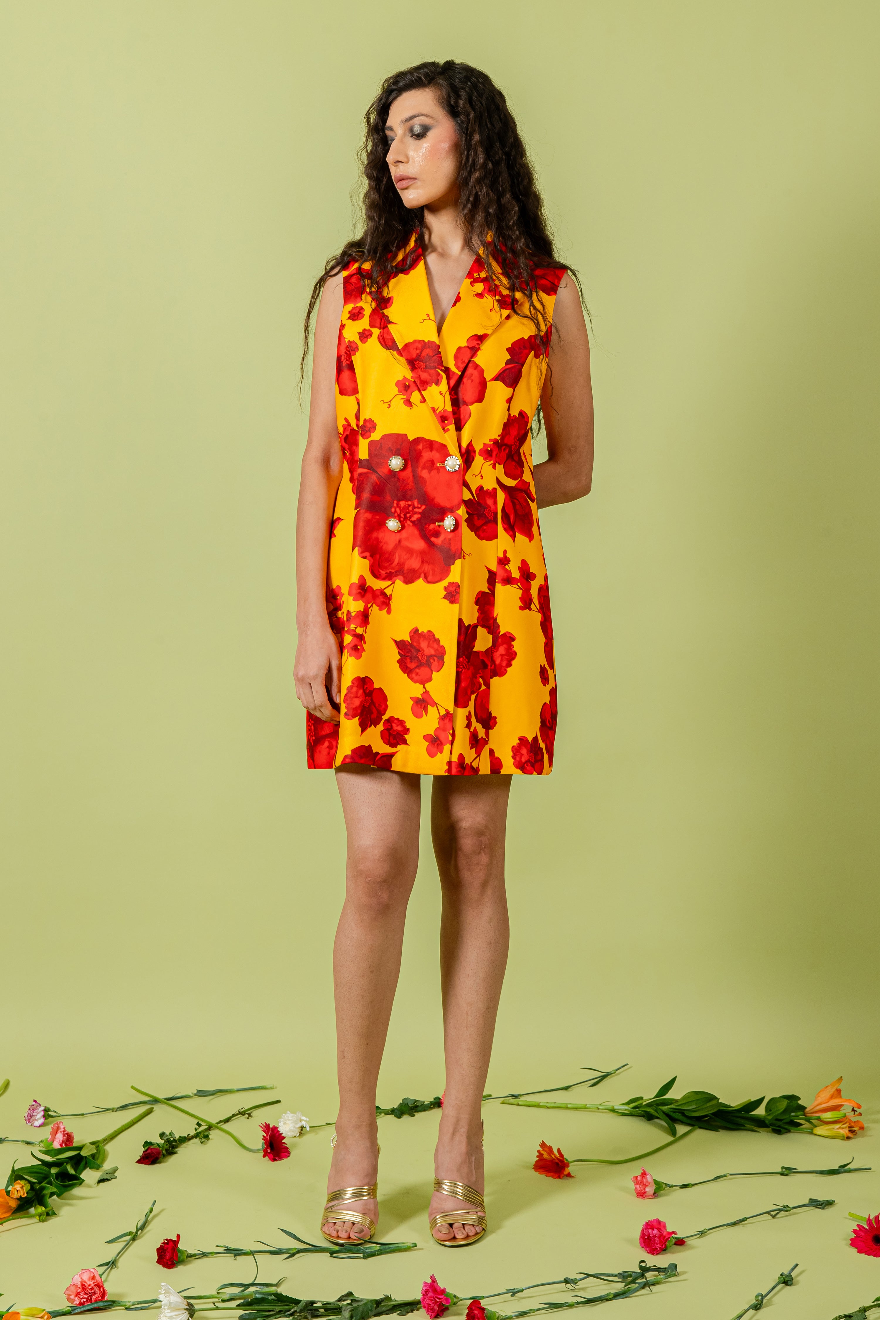 Yellow & Red Floral Print Coat Collar Mini Blazer Dress