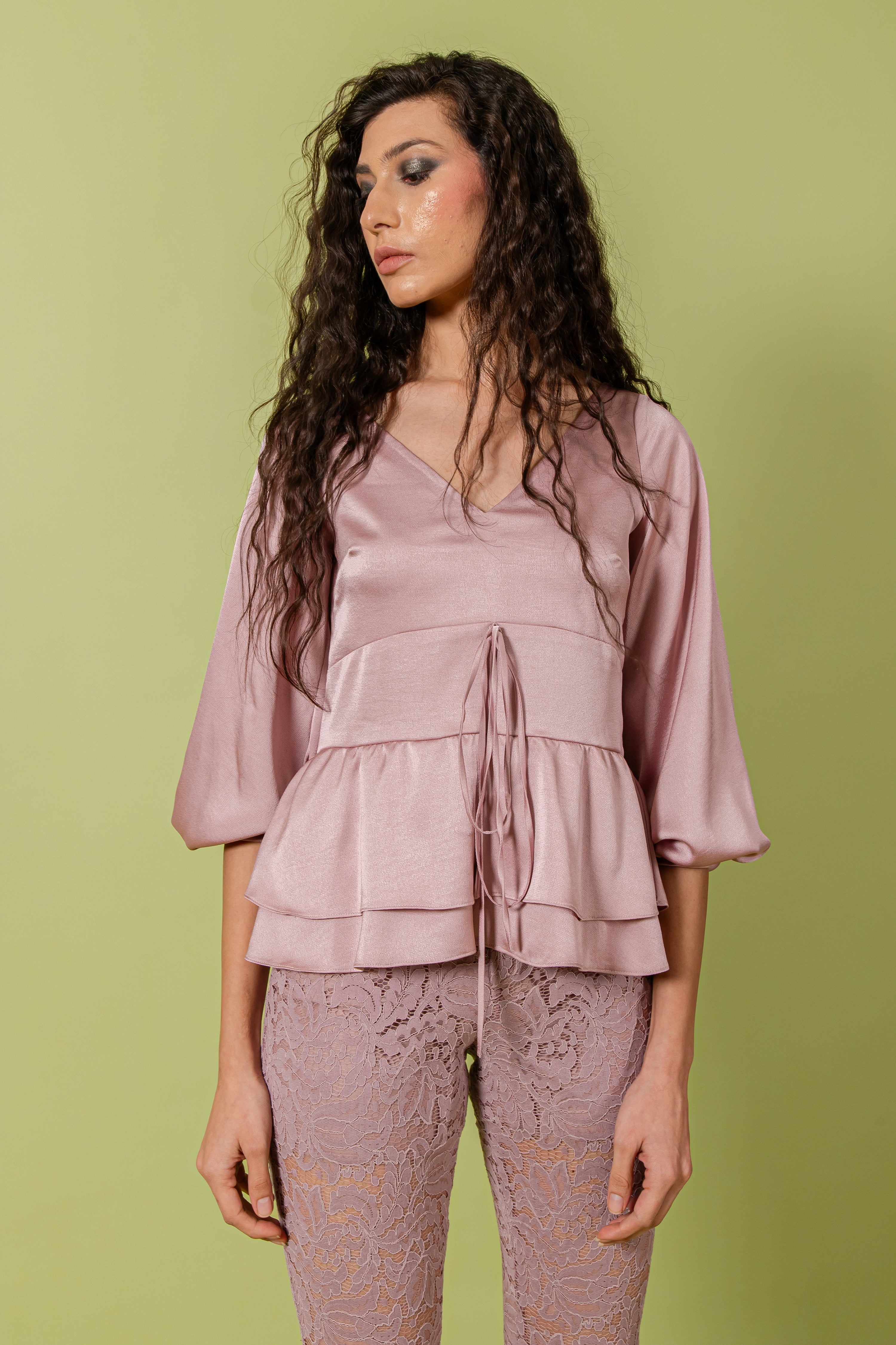 Grape Hammer Satin Top & Lace Pants Set