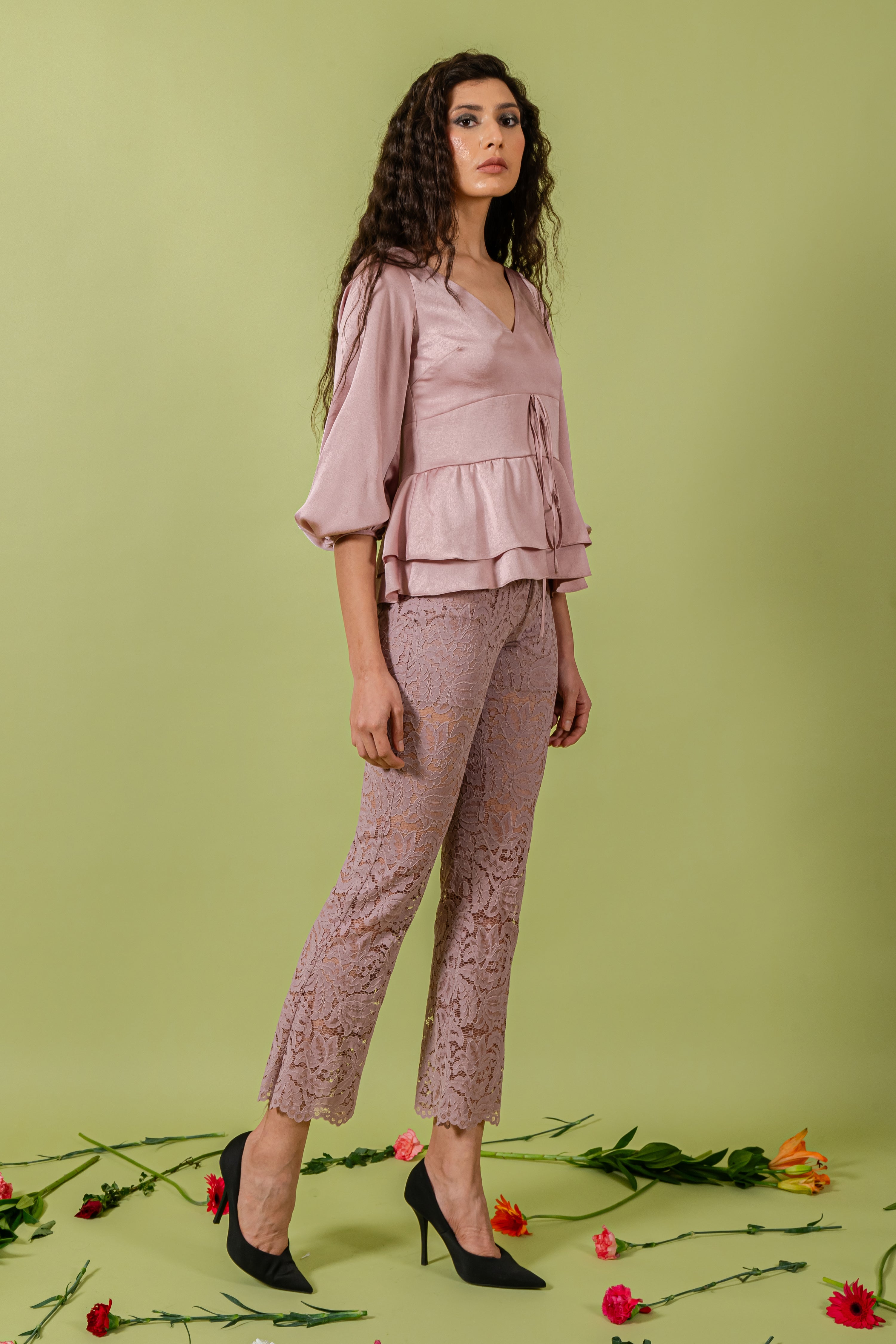 Grape Hammer Satin Top & Lace Pants Set