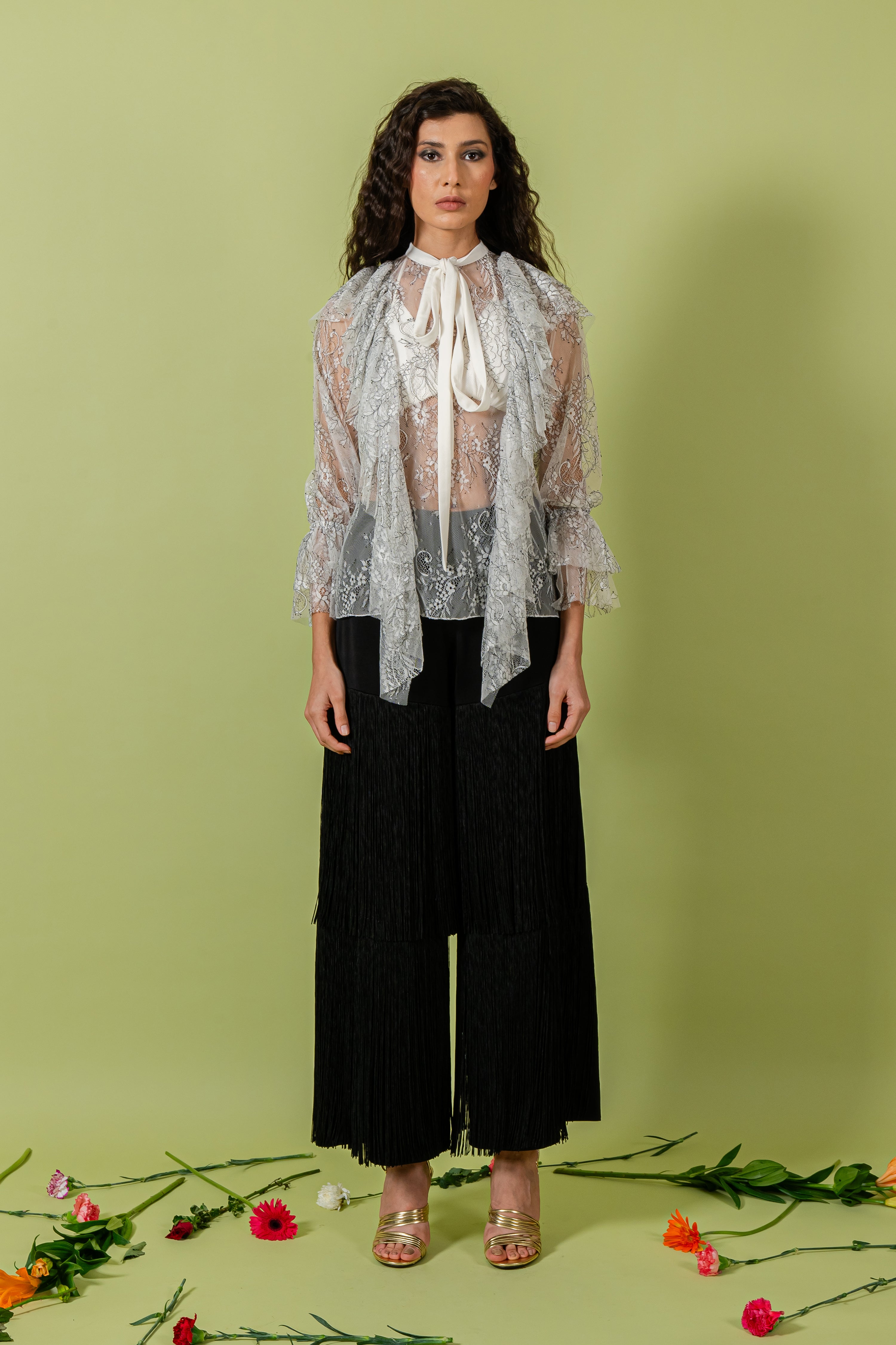Black Wide Legged Pants with Fringe Detail