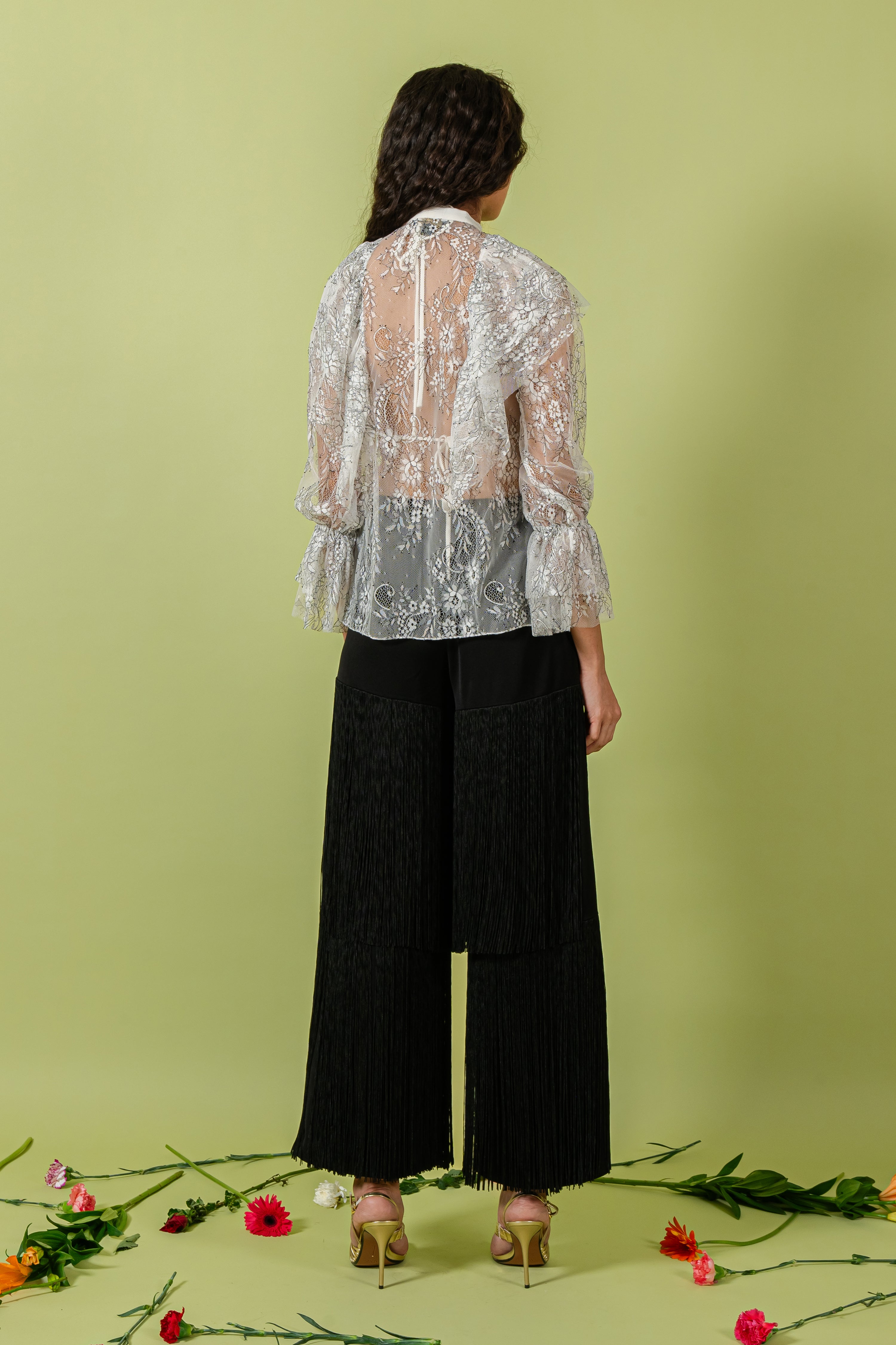 B&W Shaded Sheer Lace Scarf Collar Top