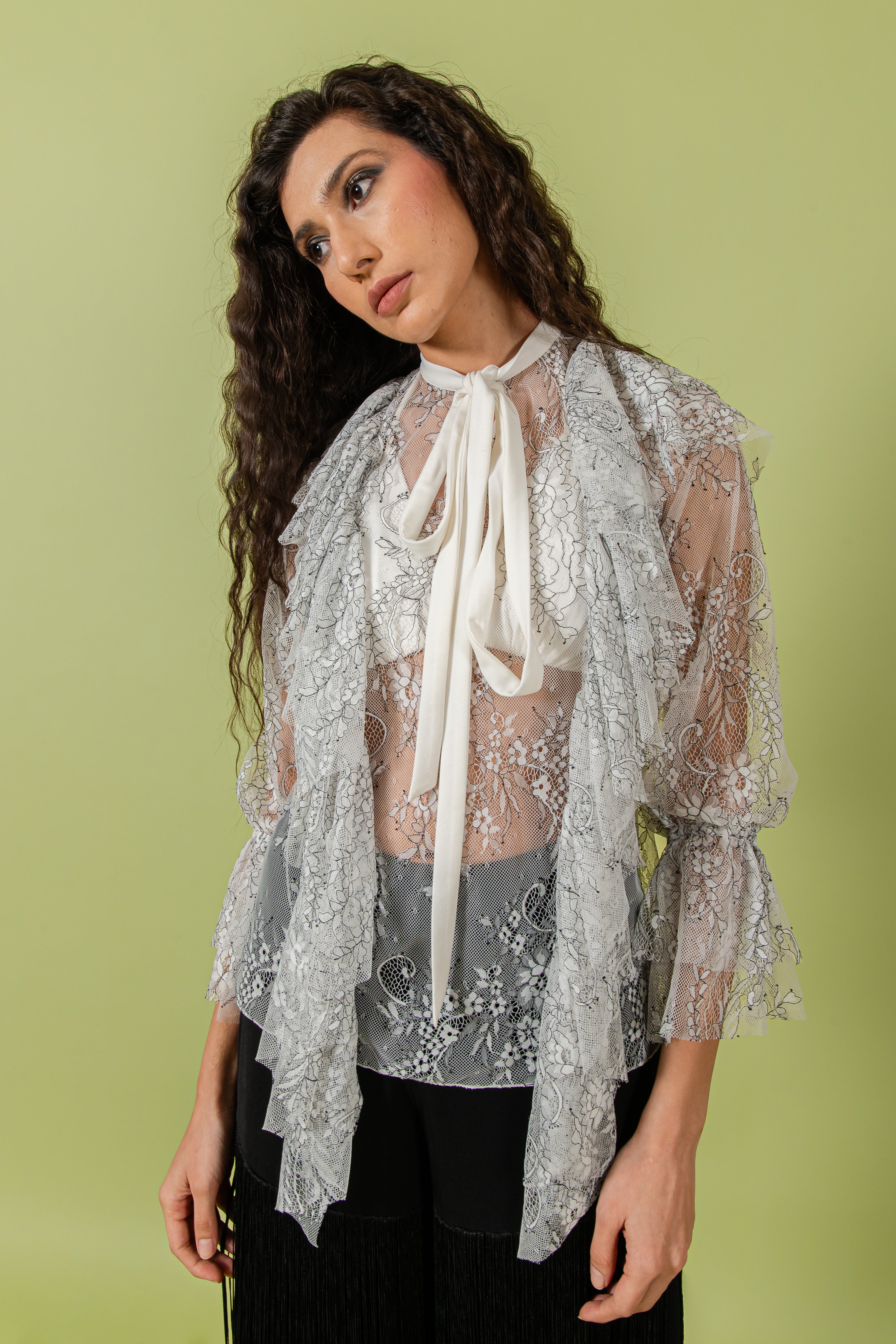 B&W Shaded Sheer Lace Scarf Collar Top