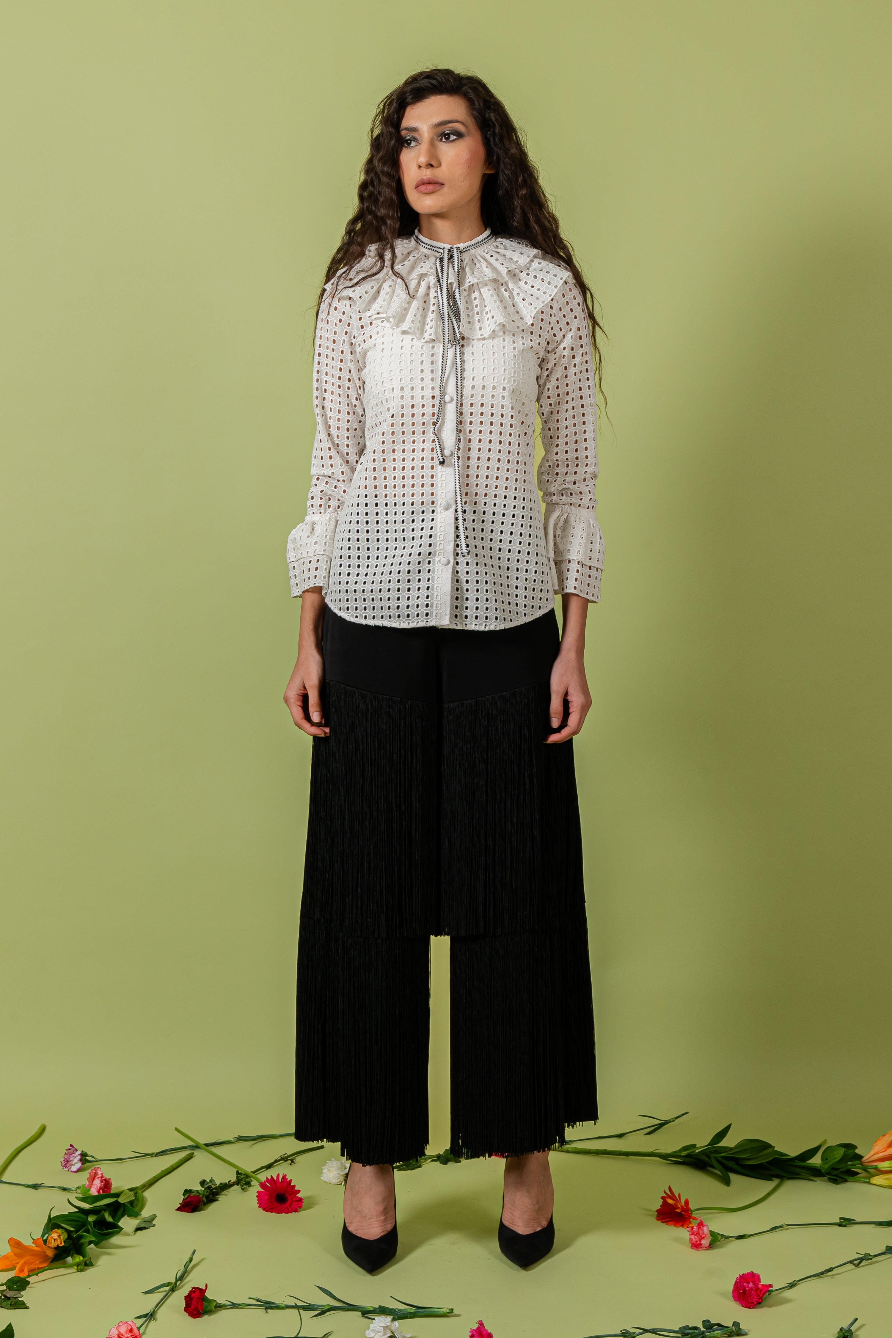 White Cutwork Top with Band Collar and Ruffled Layer