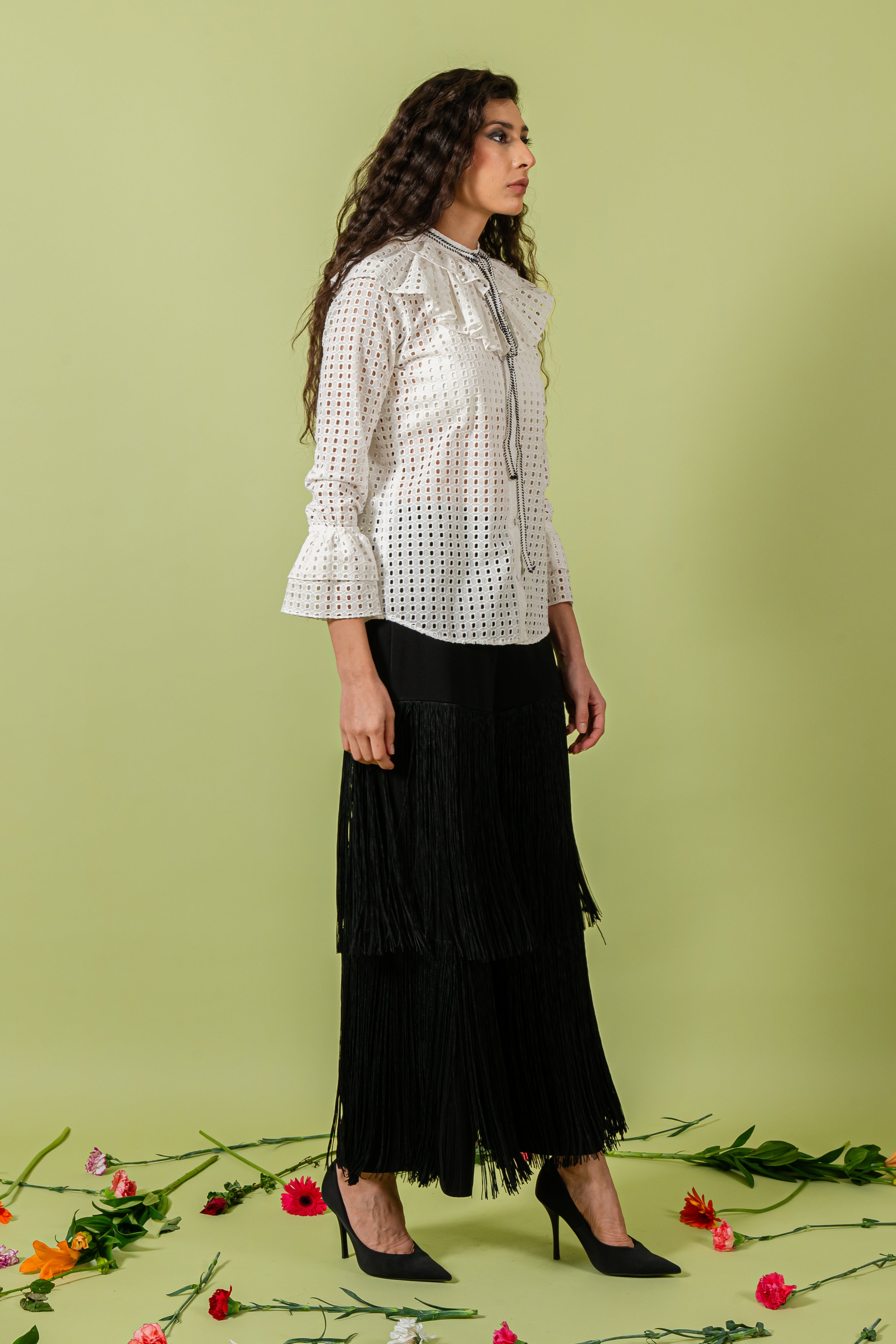 White Cutwork Top with Band Collar and Ruffled Layer