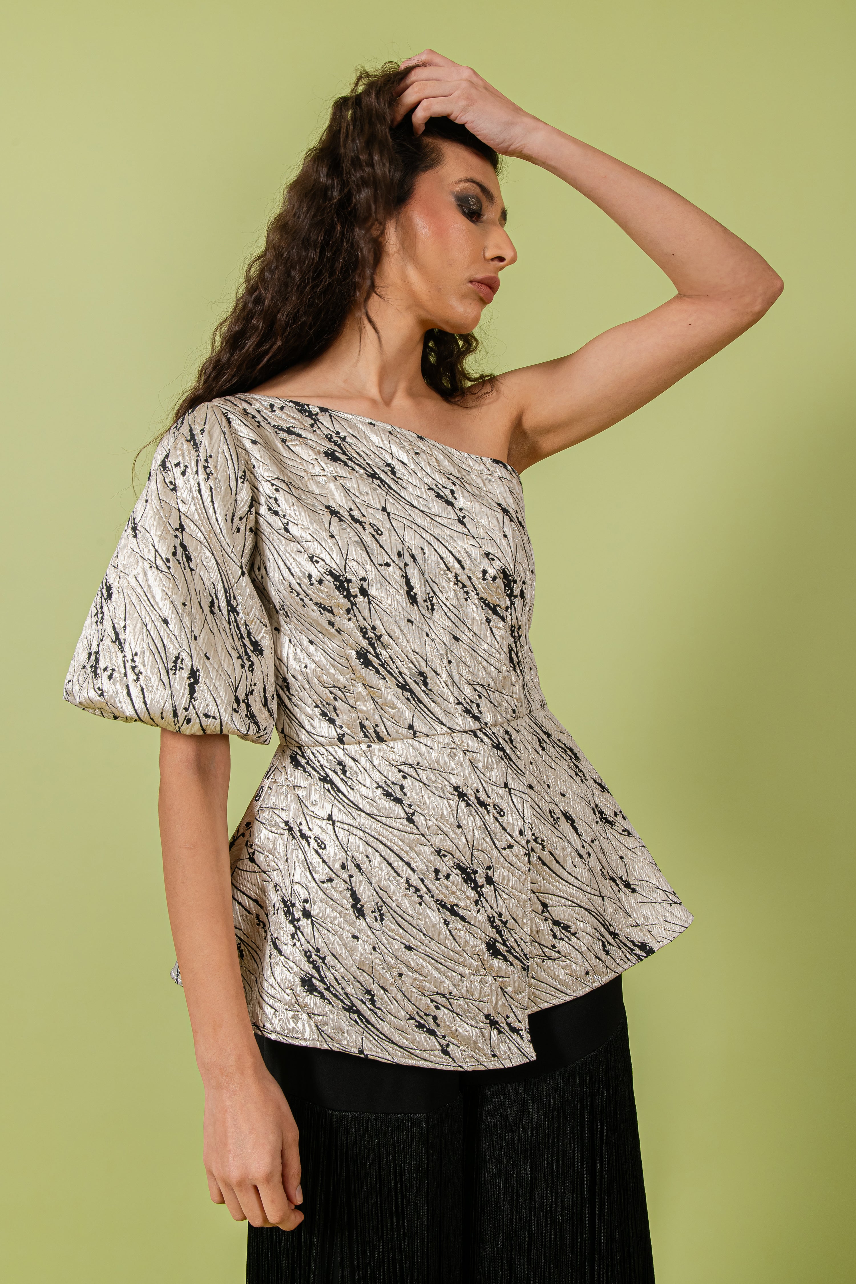 Silver & Black One Shoulder O/l Peplum Top