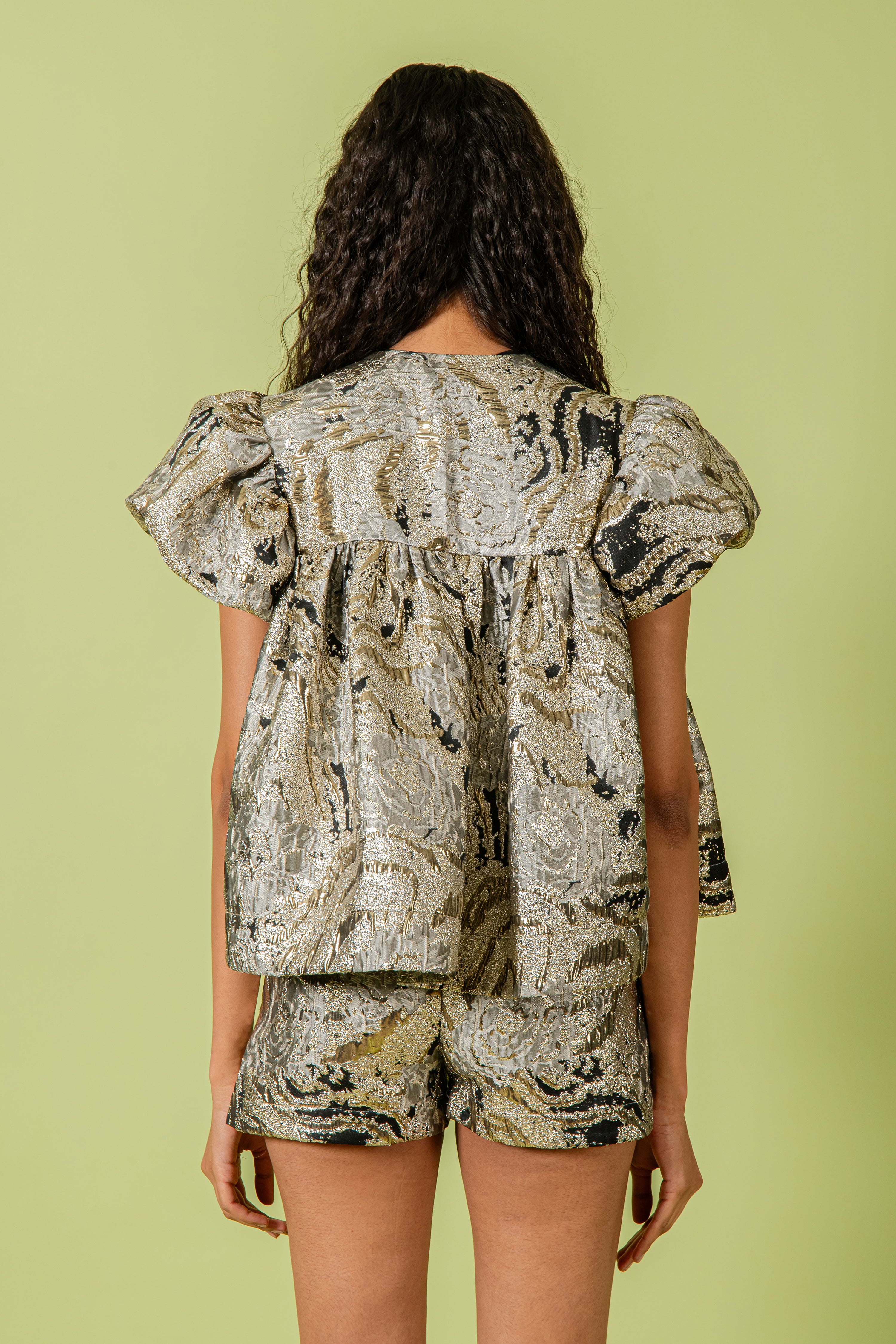 Black & Gold Jacquard Top & Shorts Set