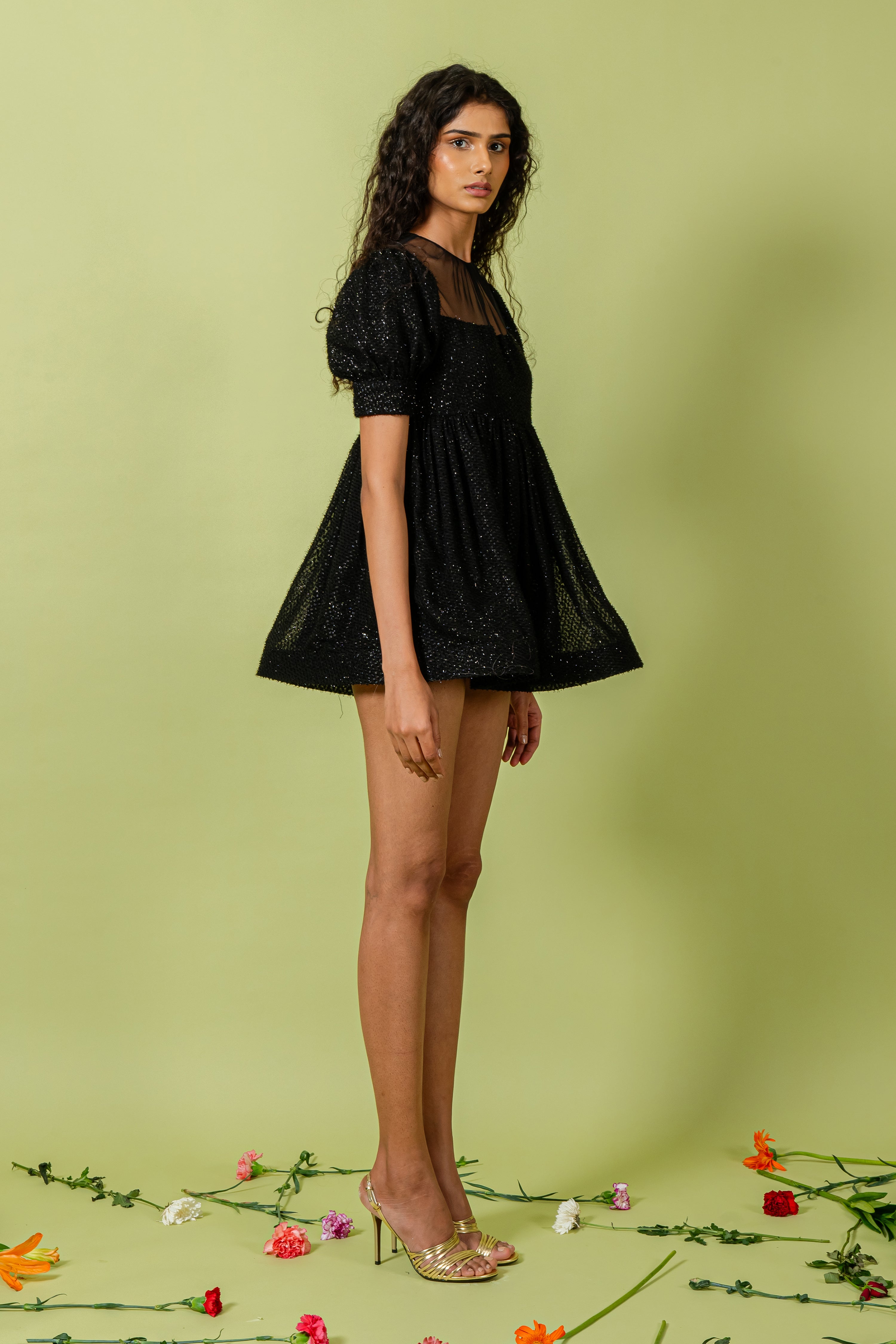 Black Dotted Embellished Mini Dress