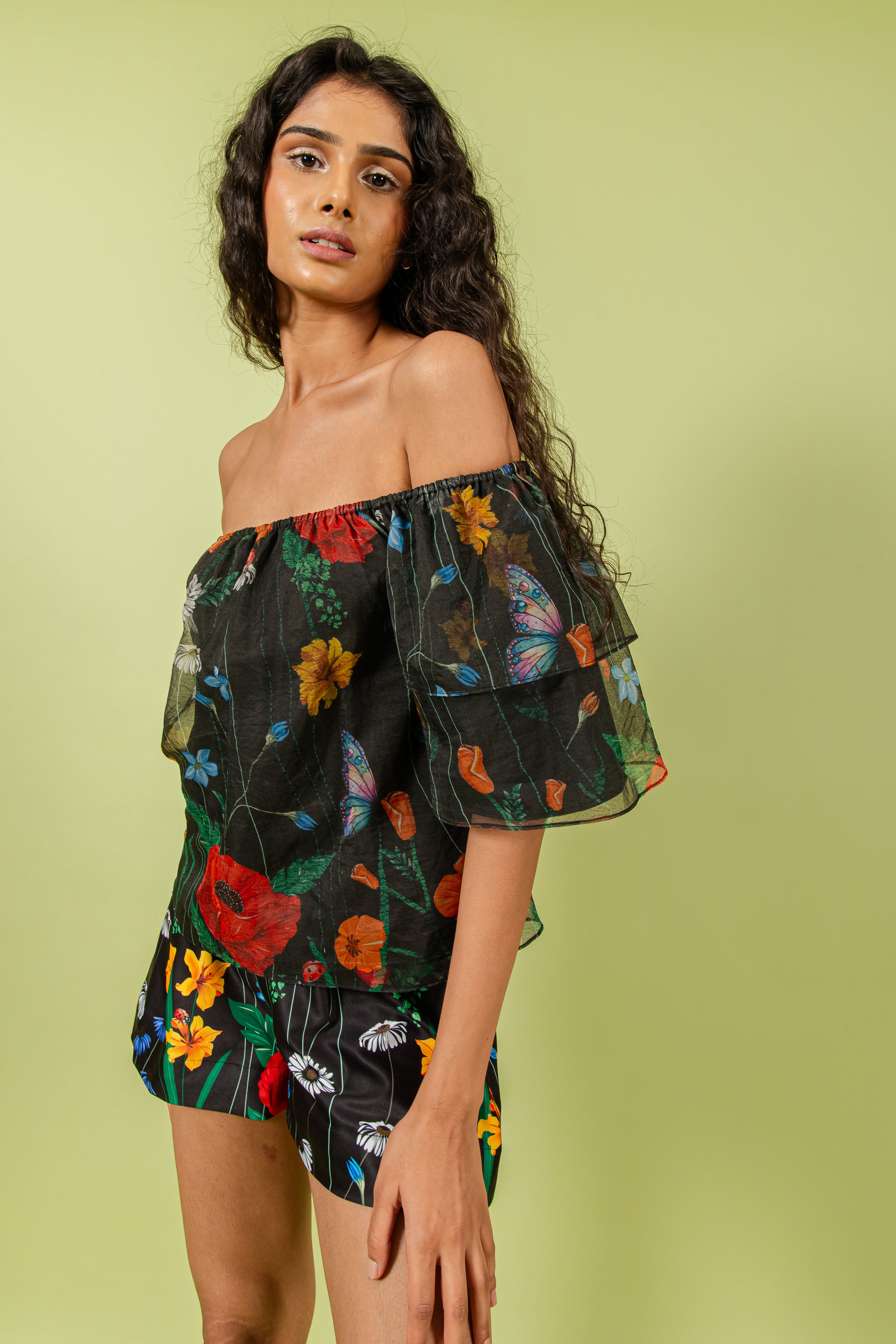 Black Floral Off Shoulder Free Size Top & A Line Shorts Set