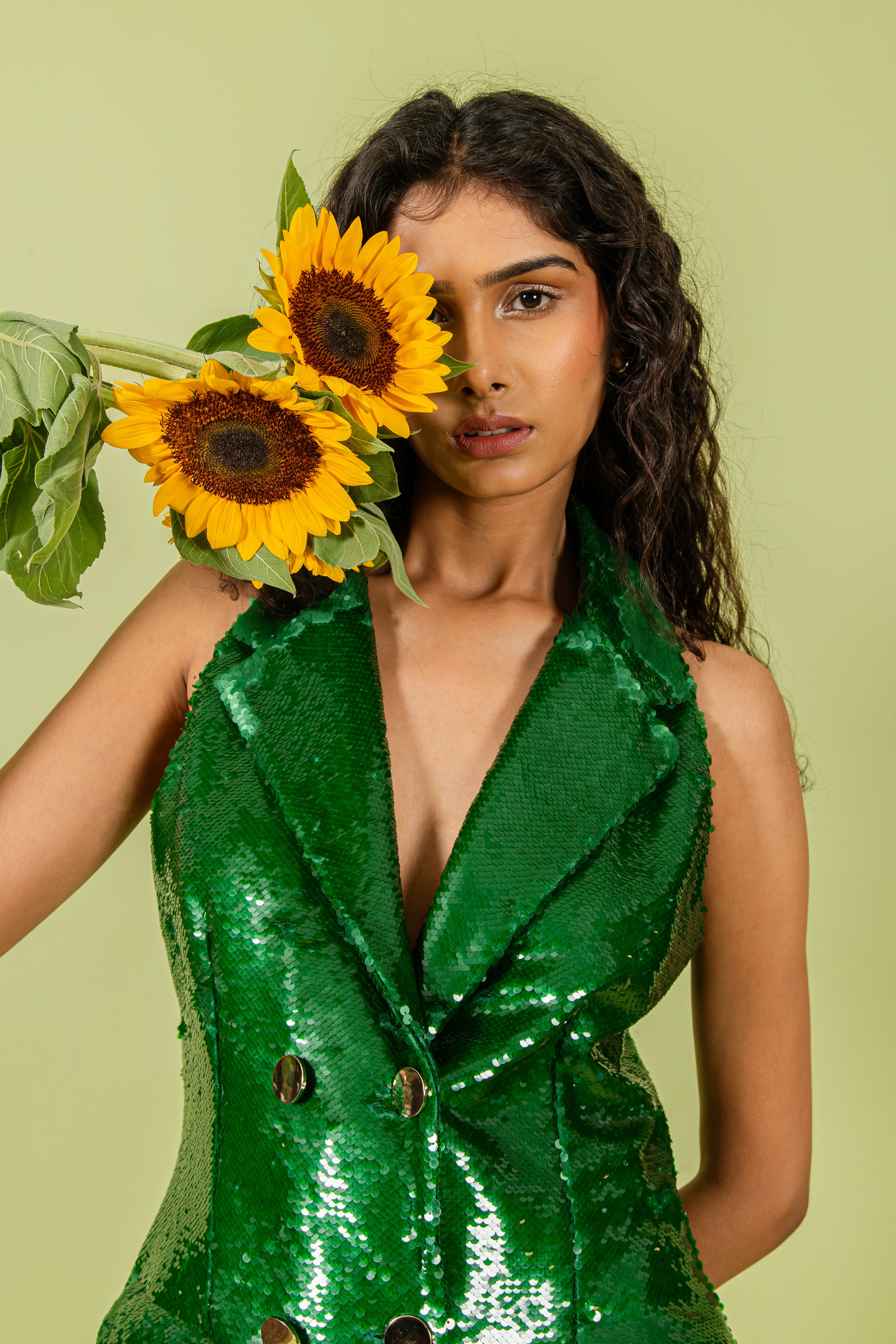 Pigment Green Sequins Halter Neck Coat Collar Mini Blazer Dress