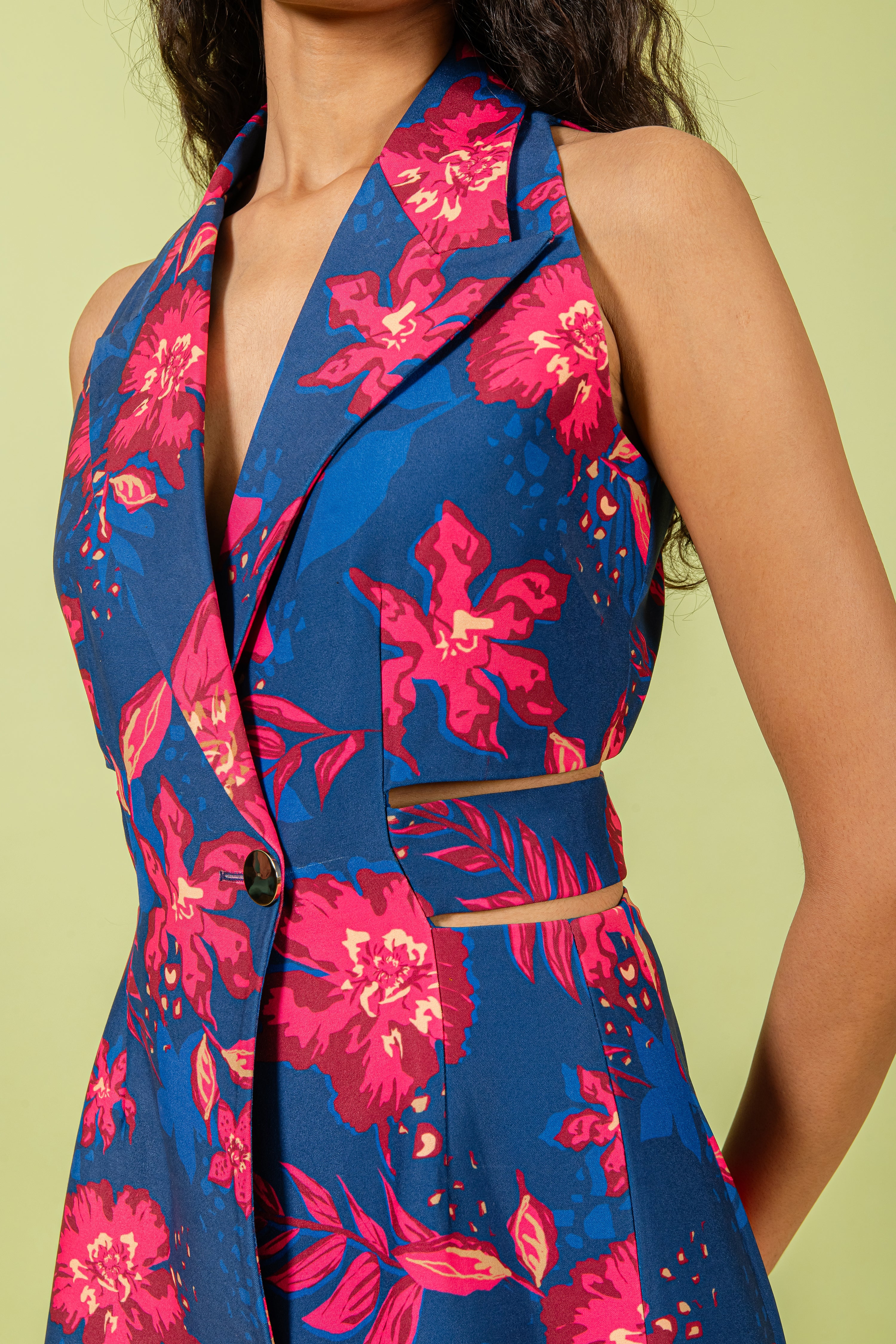 Navy & Fuchsia Floral Print Halter Neck Notched Collar Mini Blazer Dress