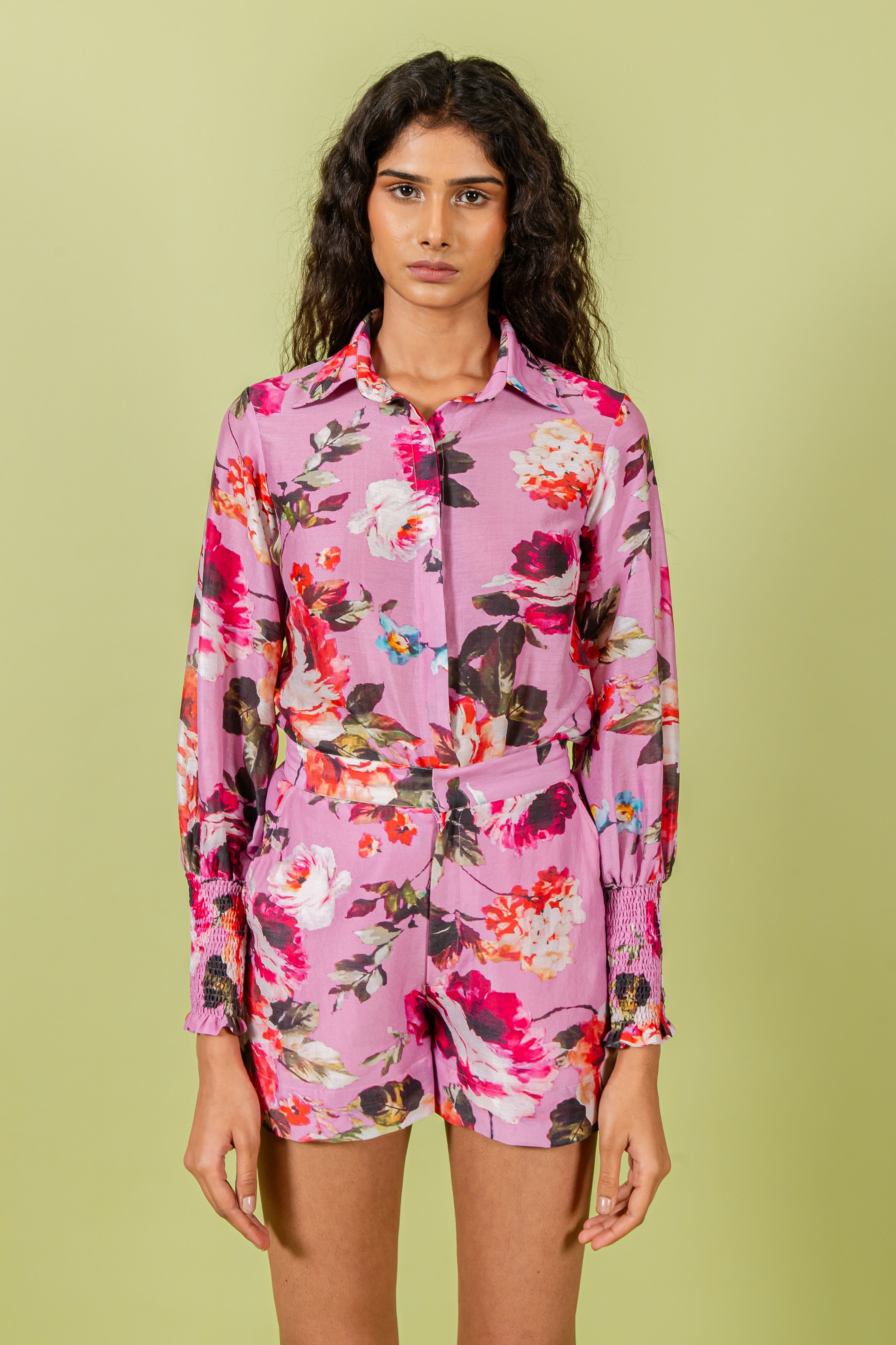 Purple Floral Print Shirt & Shorts Set