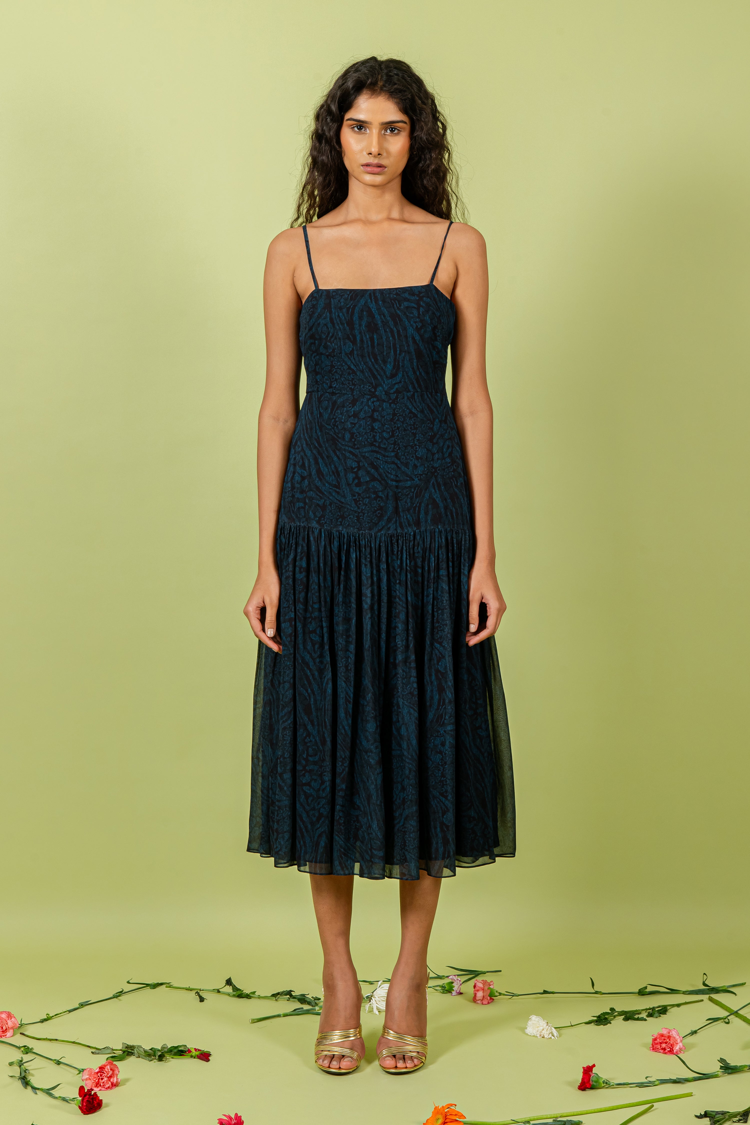 Blue Leopard Print Strappy Lower Hem Midi Dress