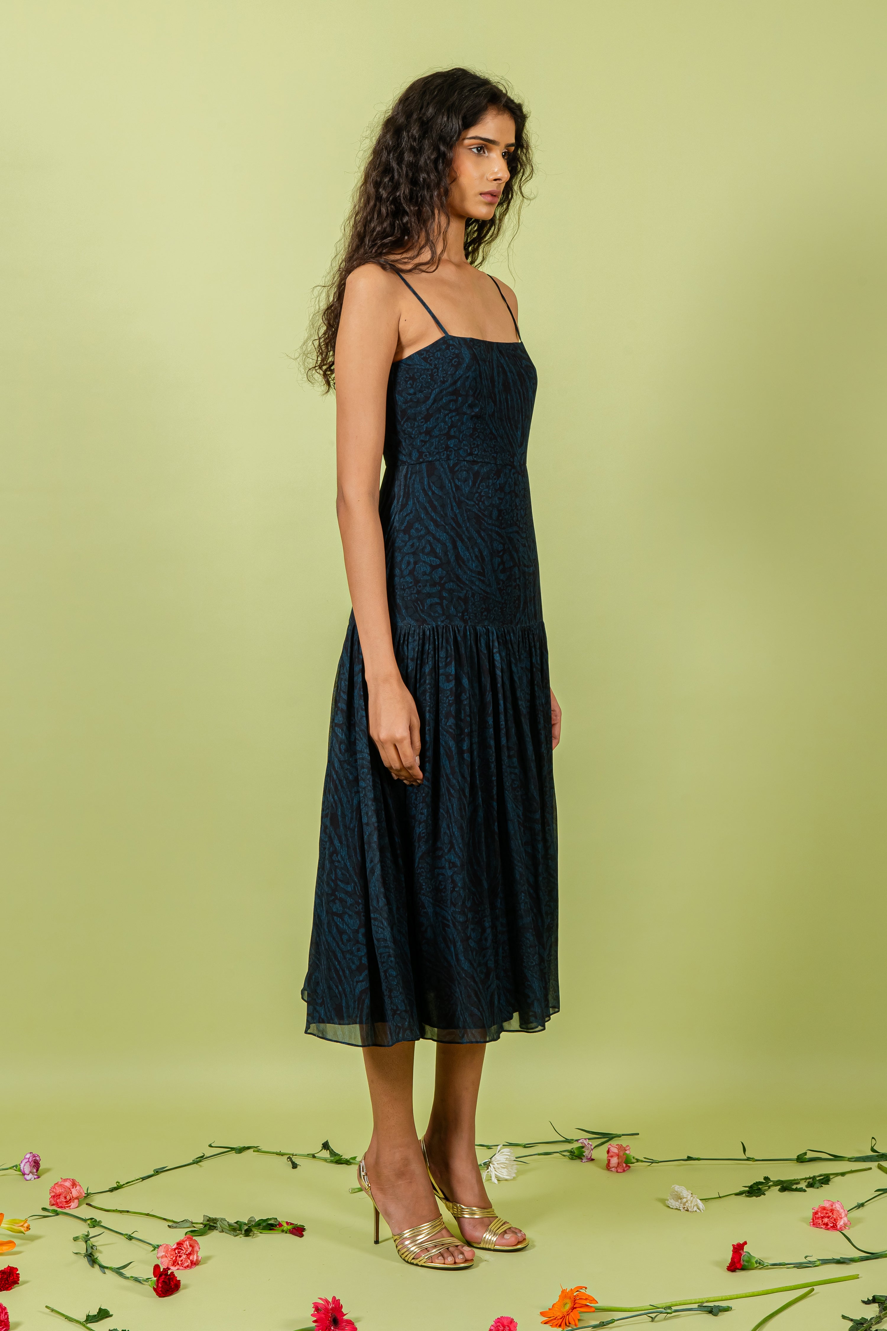 Blue Leopard Print Strappy Lower Hem Midi Dress