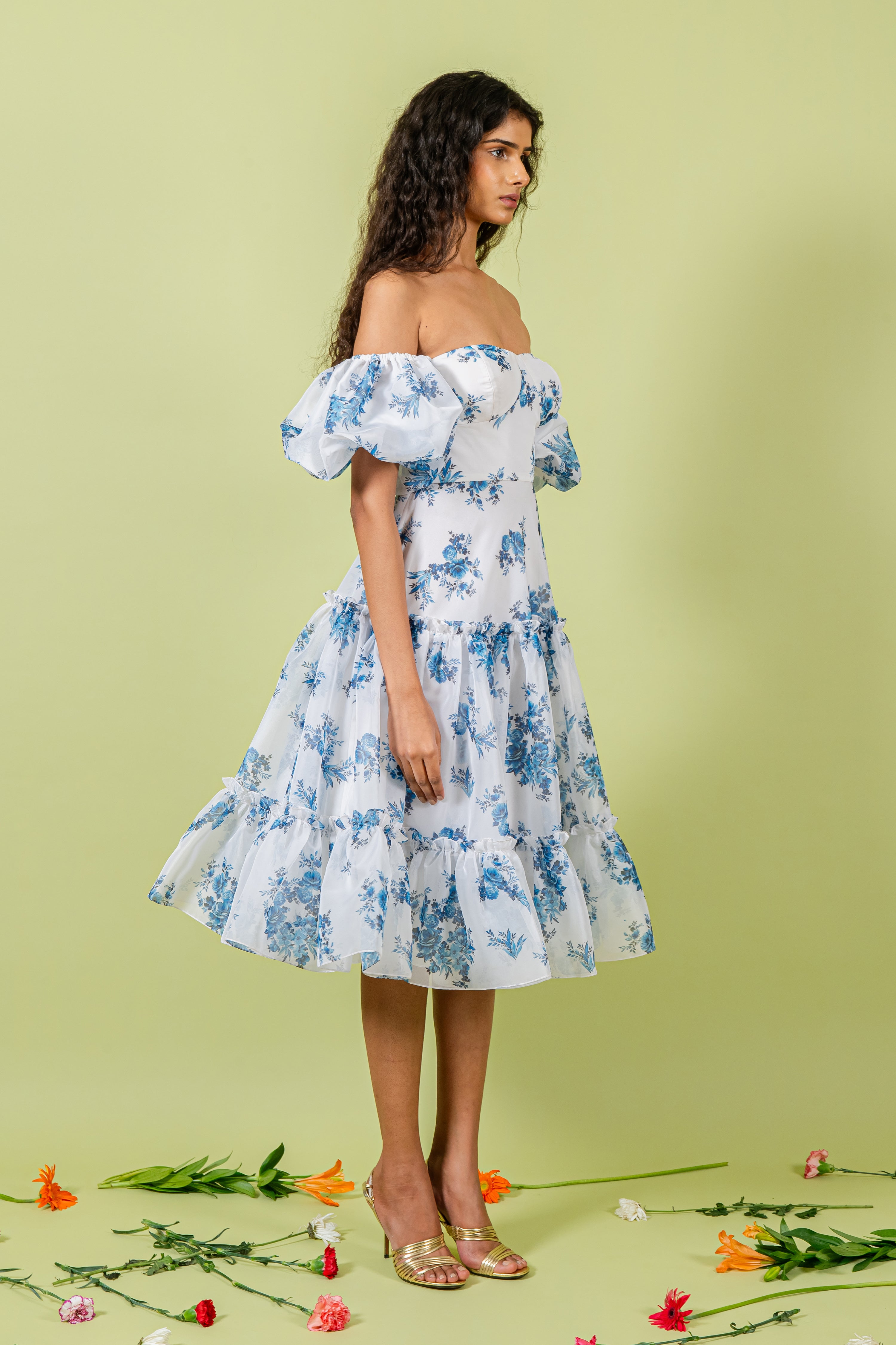 Organza Blue & White Floral Print Off Shoulder Tiered Dress