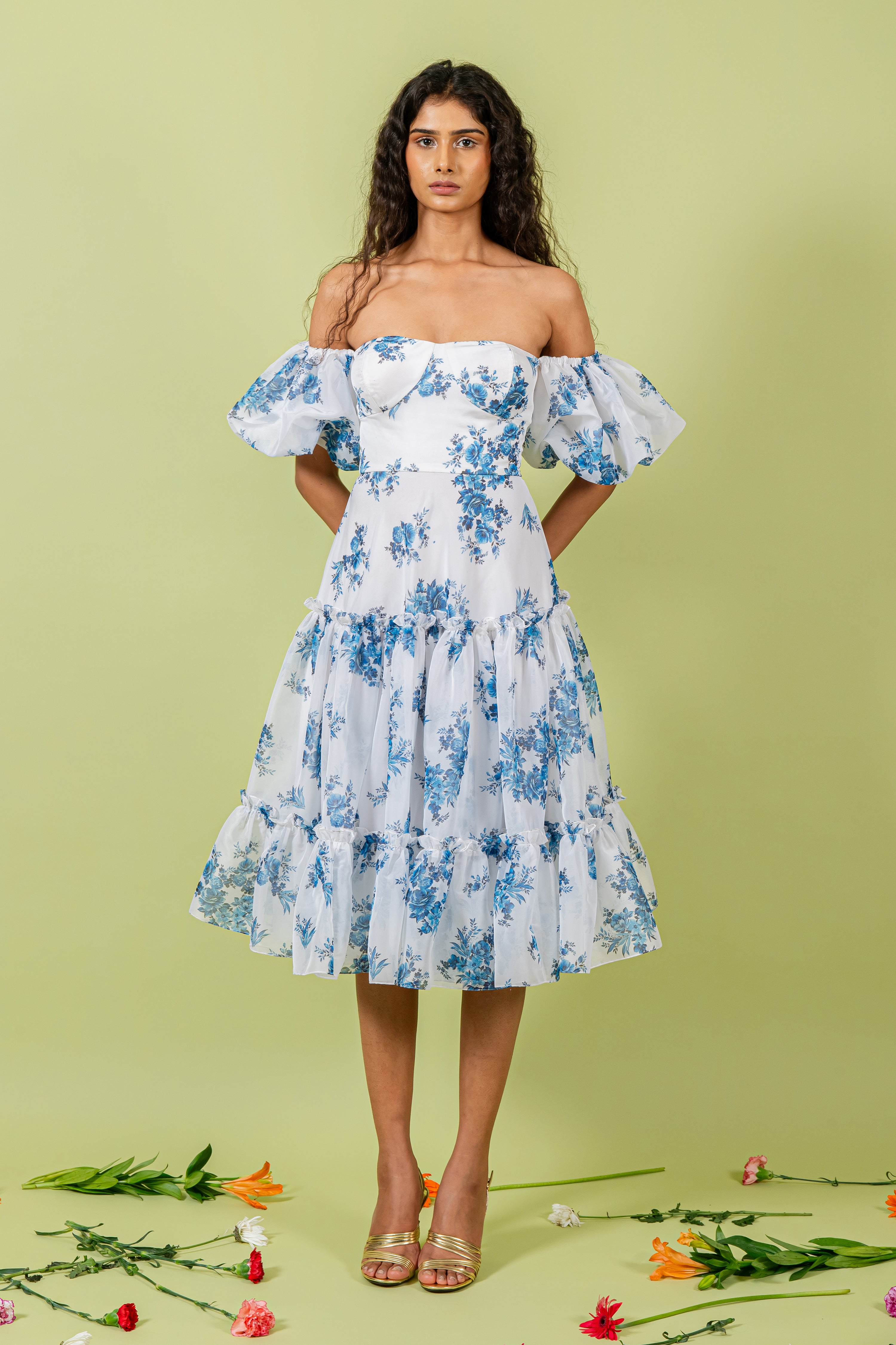 Organza Blue & White Floral Print Off Shoulder Tiered Dress