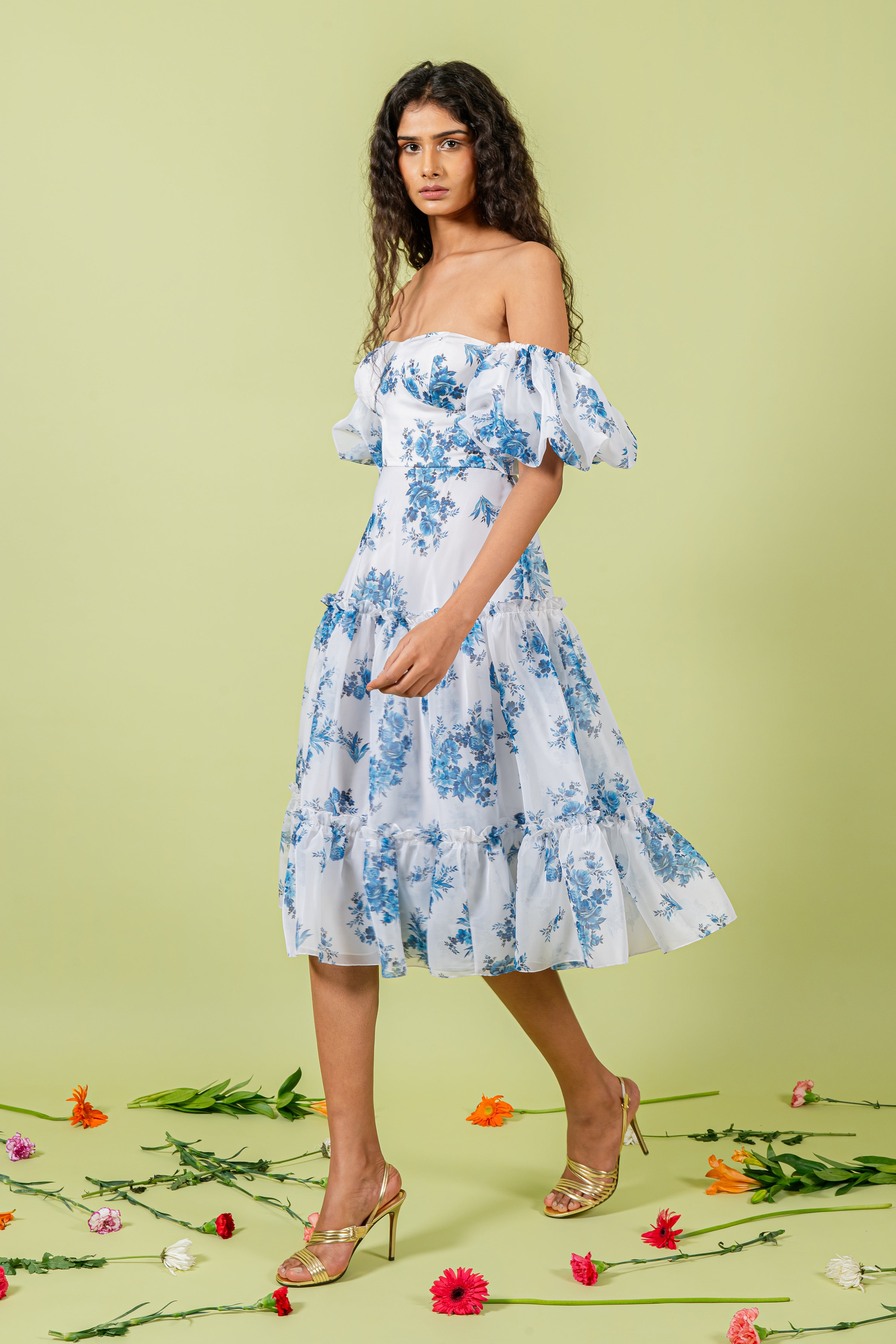 Organza Blue & White Floral Print Off Shoulder Tiered Dress