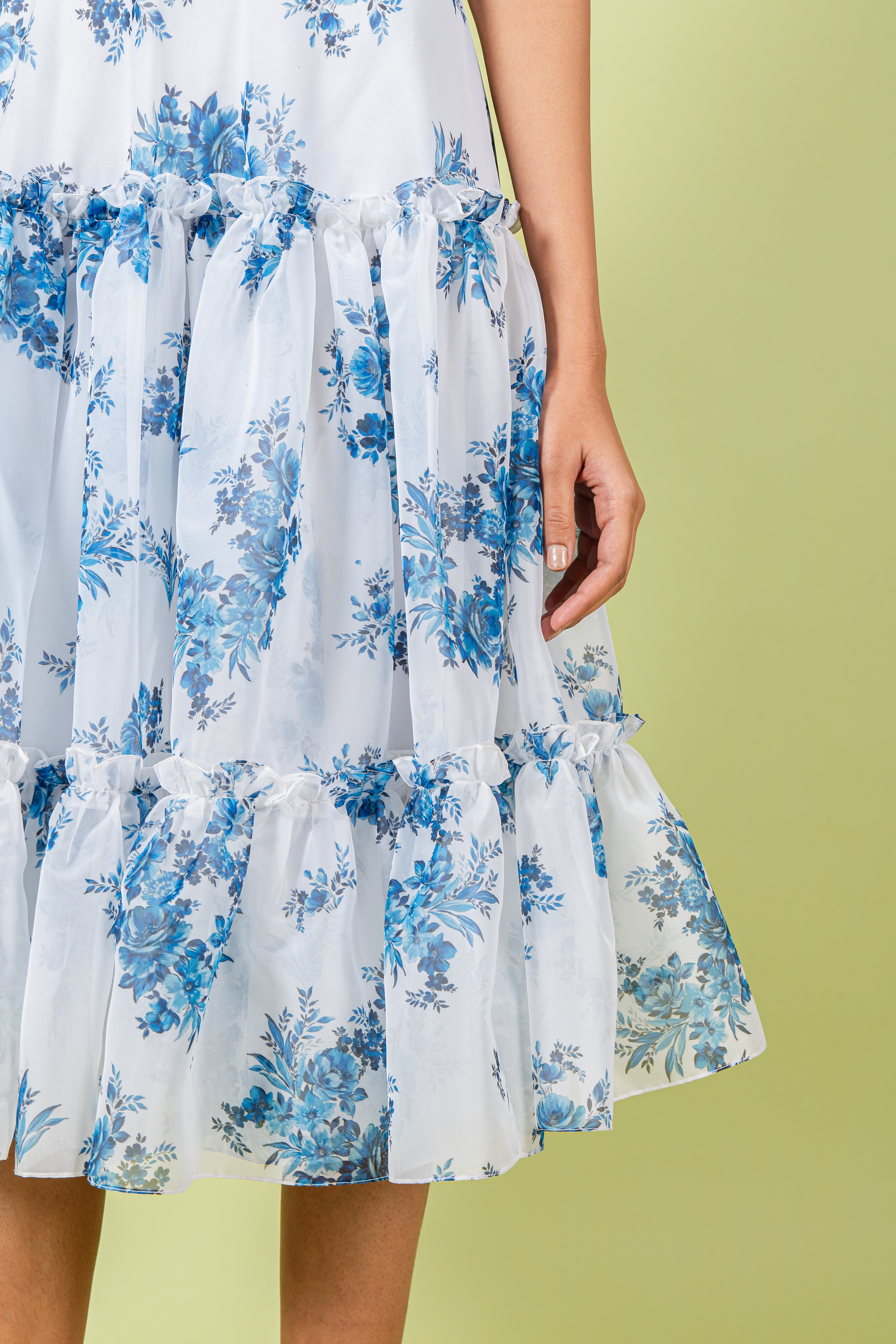 Organza Blue & White Floral Print Off Shoulder Tiered Dress