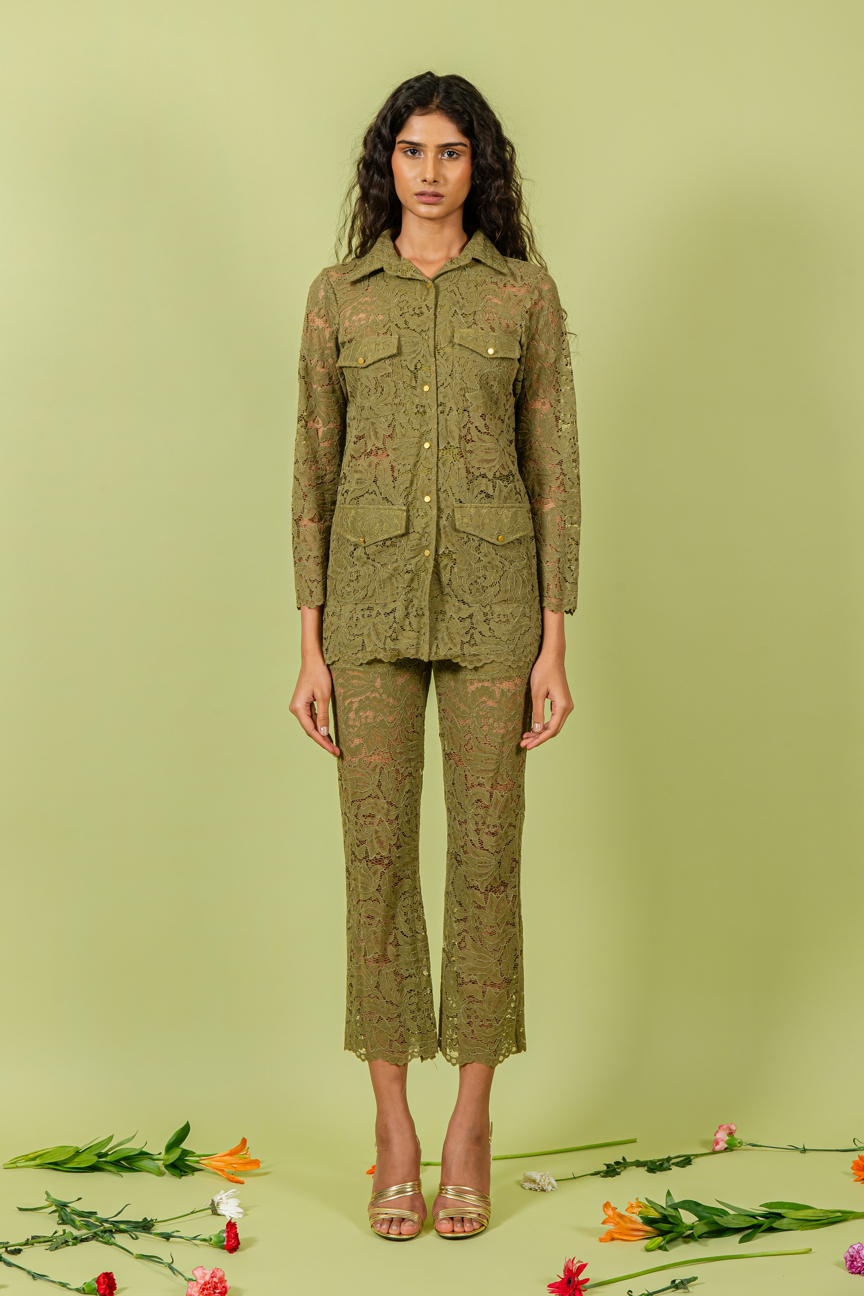 Olive Guipure Lace Shirt & Pants Set