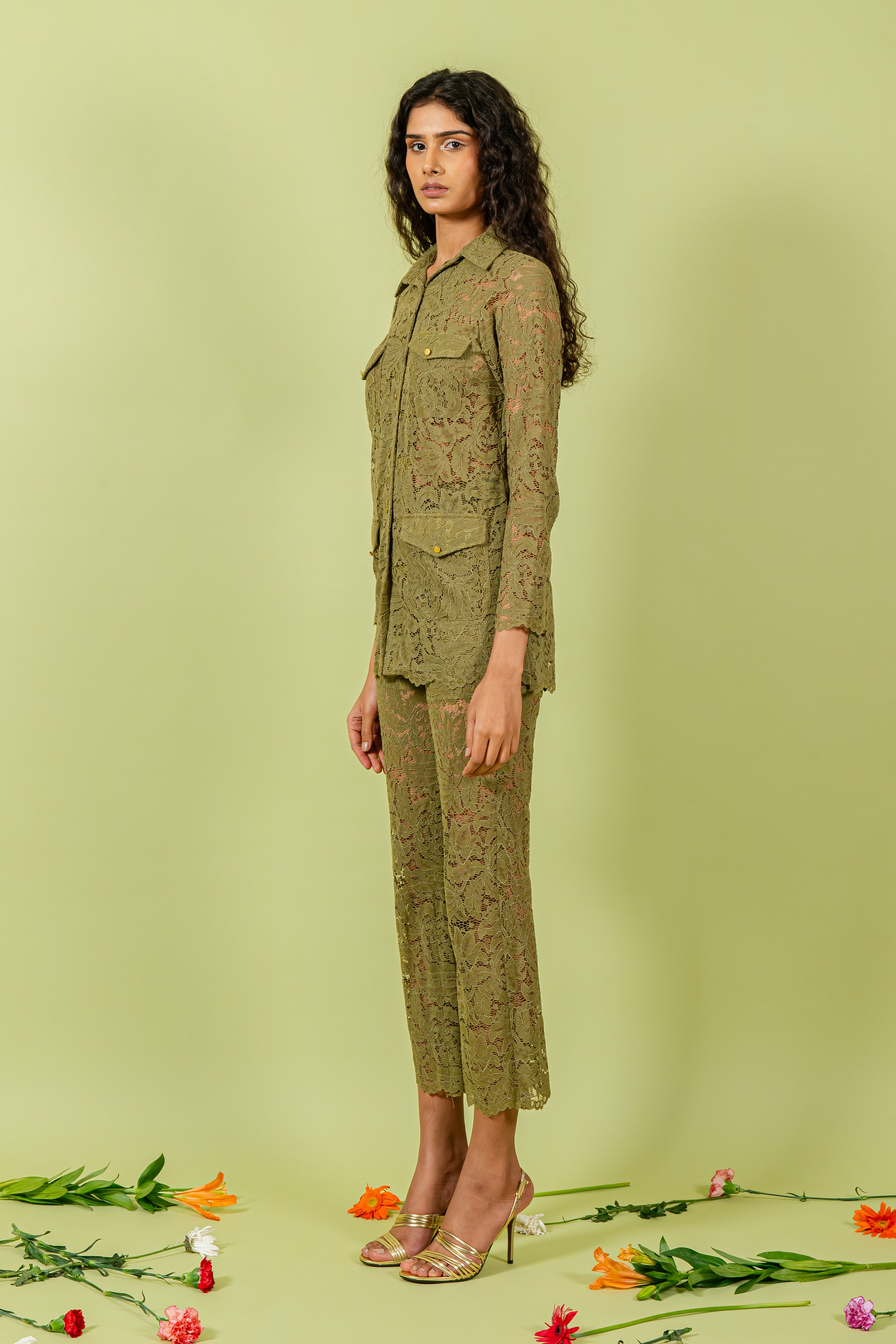 Olive Guipure Lace Shirt & Pants Set