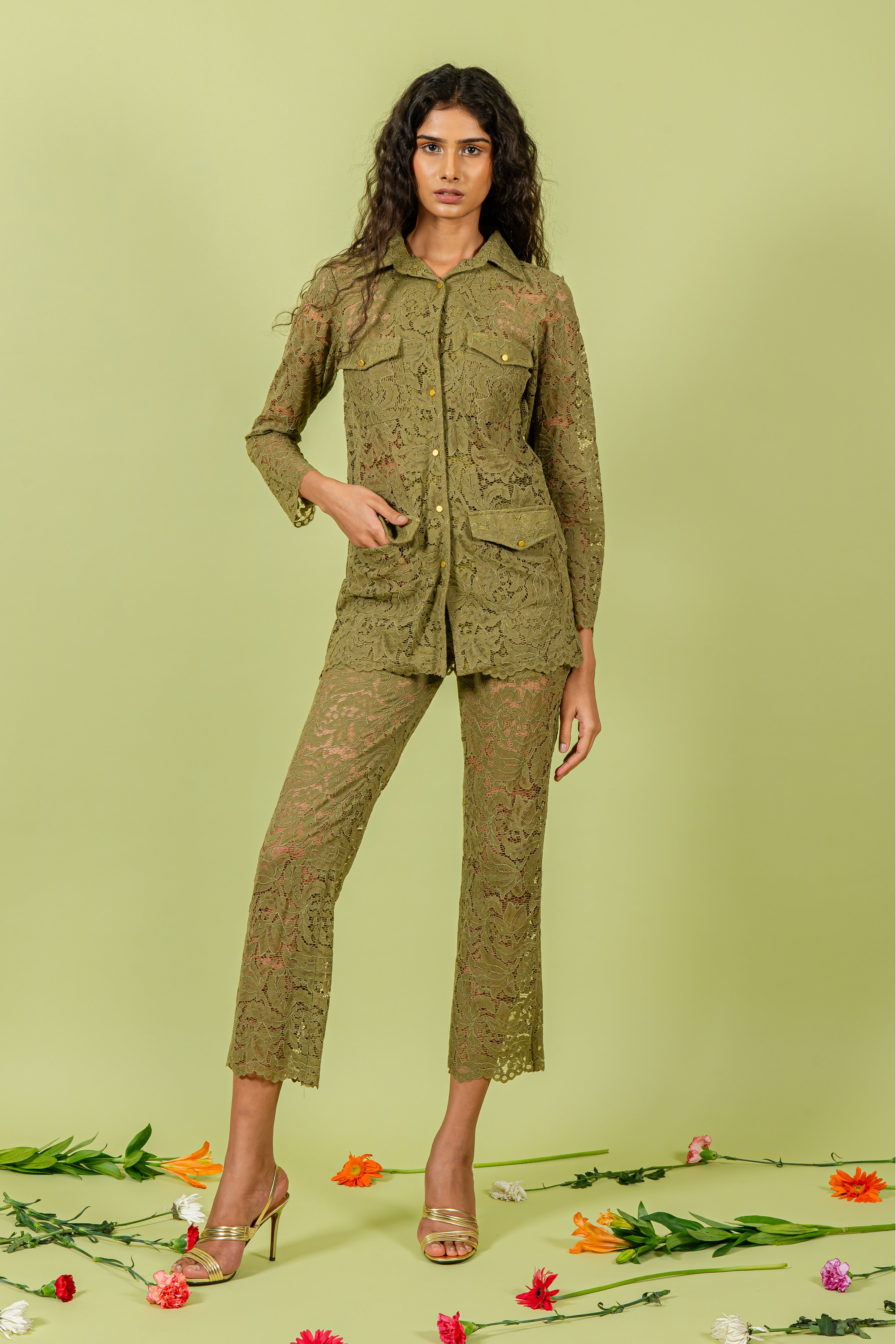 Olive Guipure Lace Shirt & Pants Set