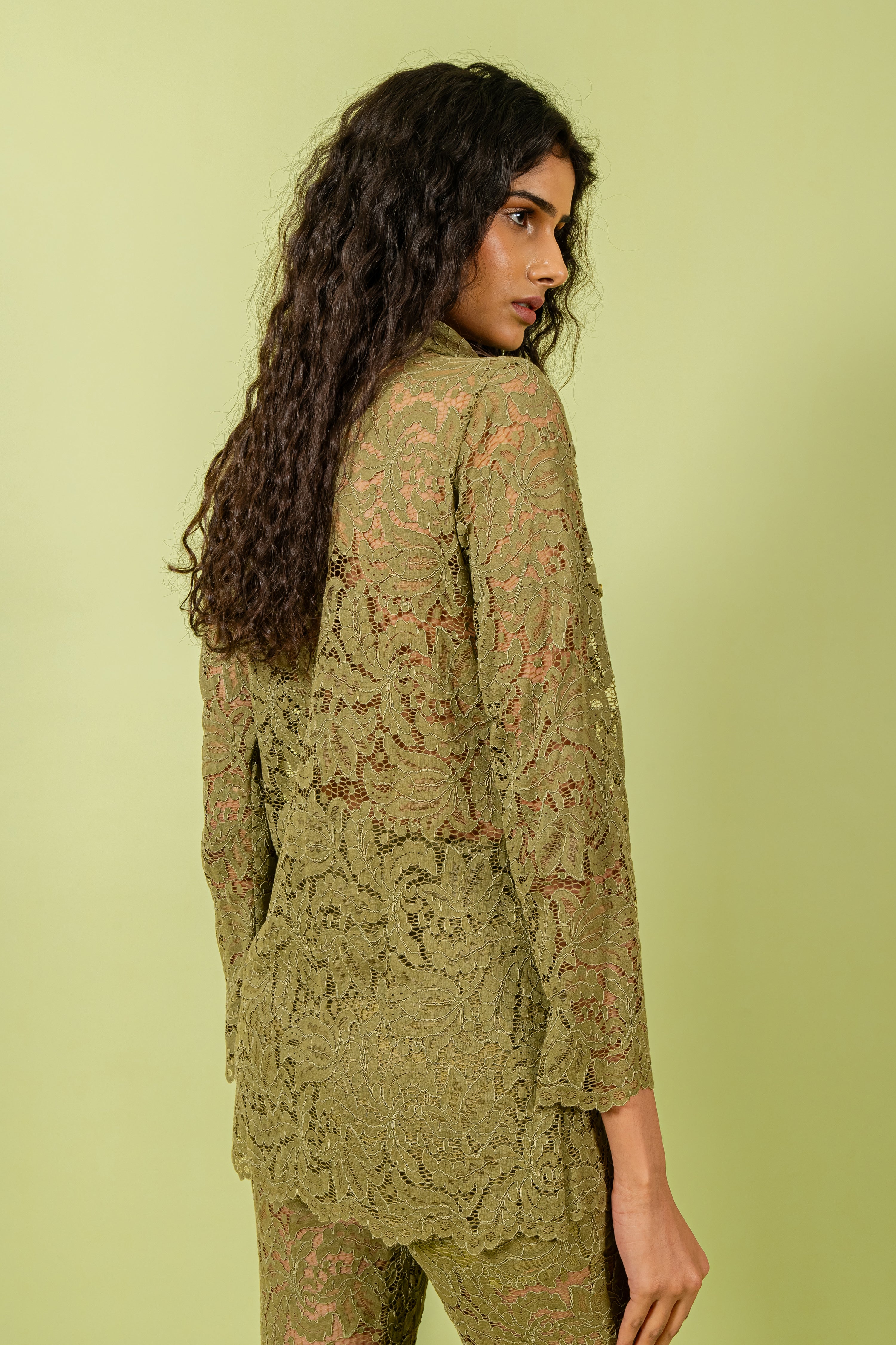Olive Guipure Lace Shirt & Pants Set