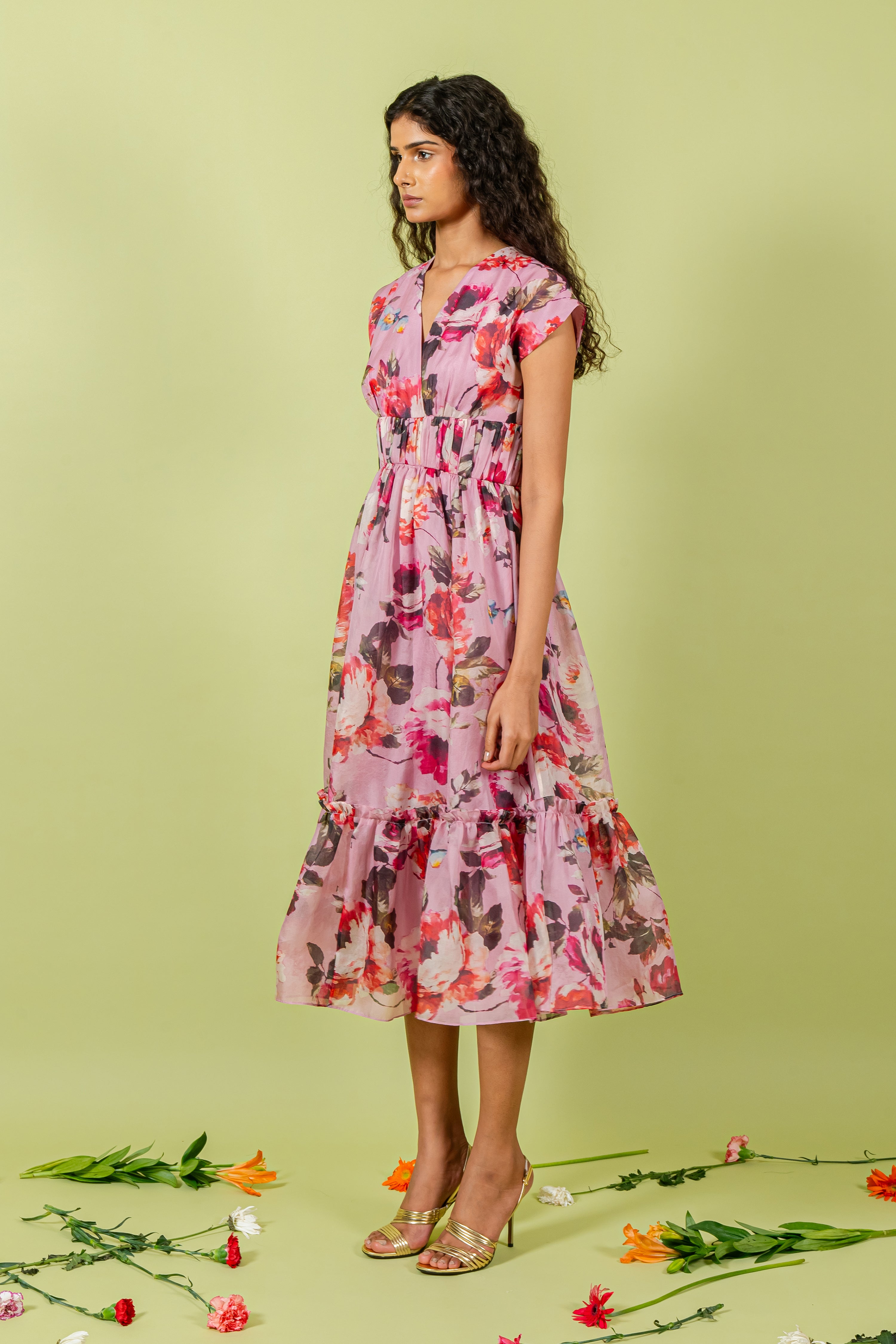 Purple Floral Print Extended Collar Gathered Band Dress