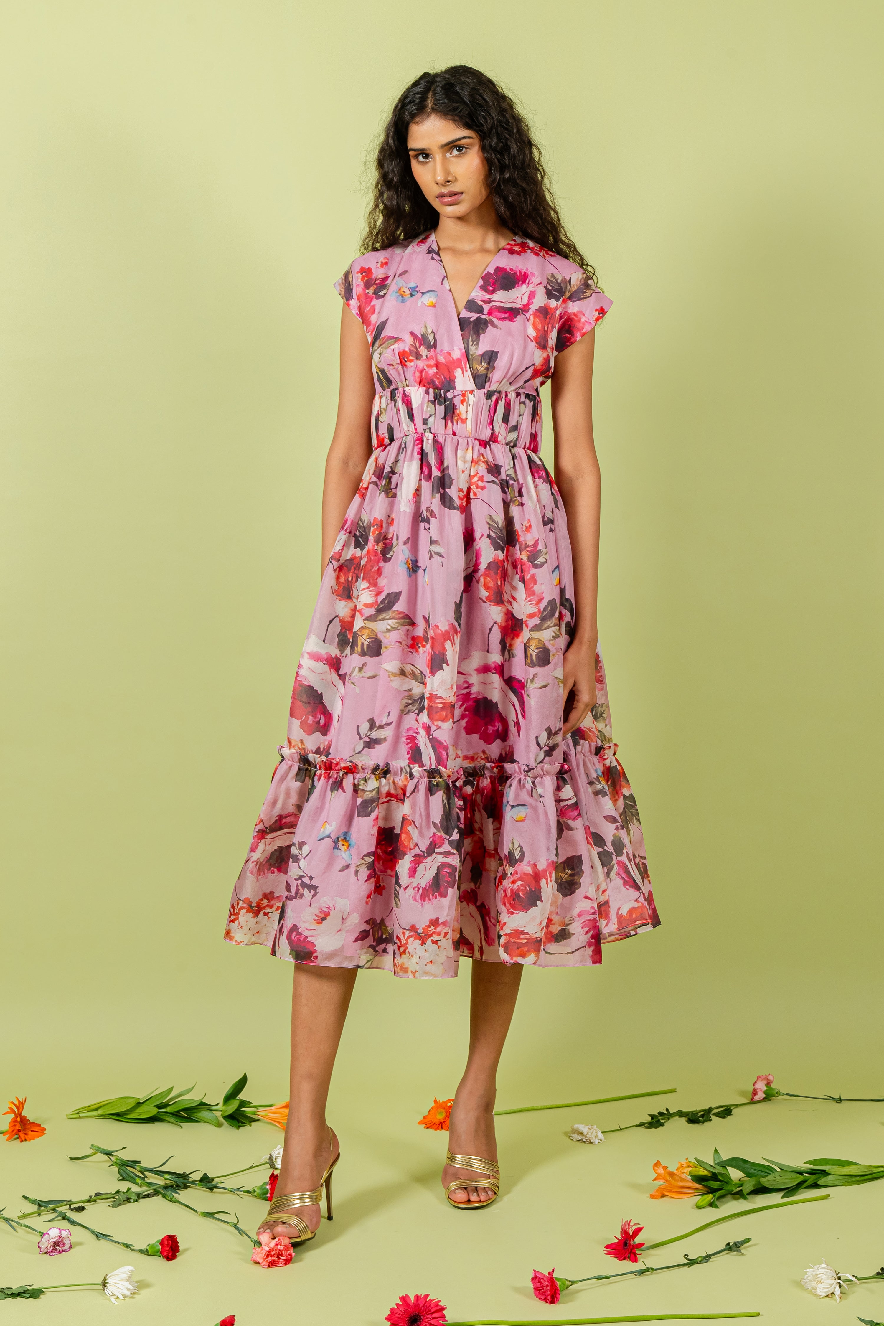 Purple Floral Print Extended Collar Gathered Band Dress