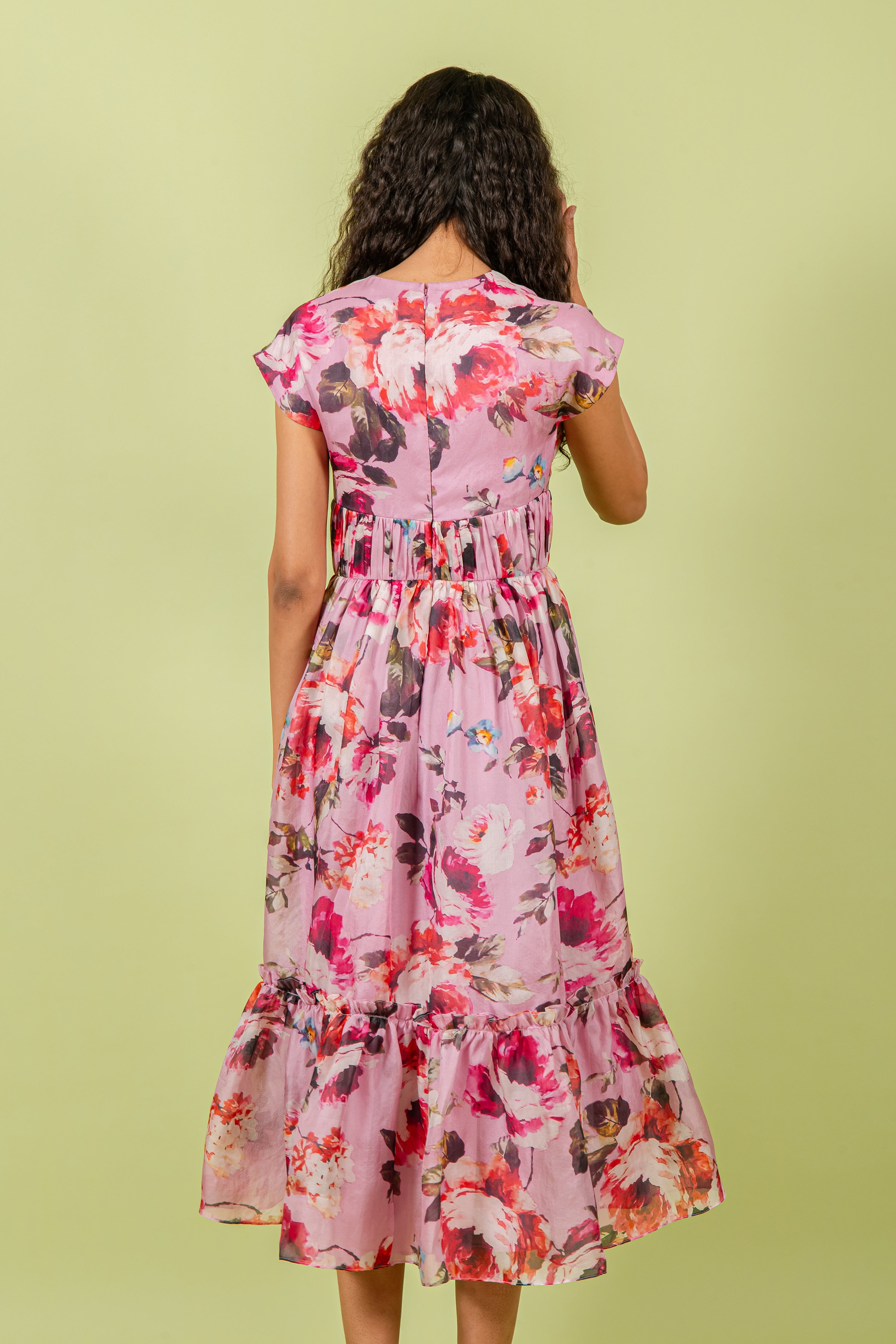 Purple Floral Print Extended Collar Gathered Band Dress