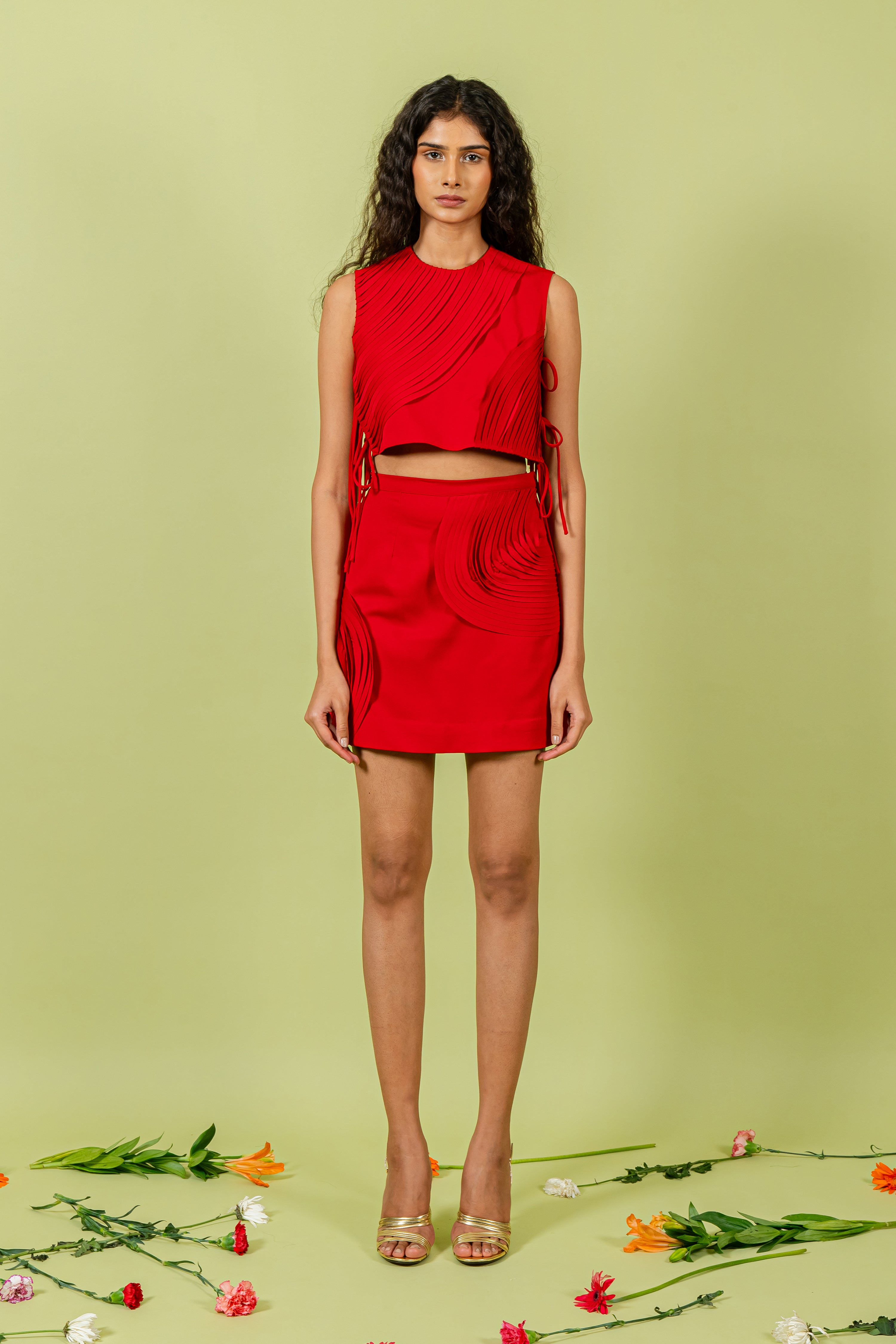 Red Textured Top & Skirt Set