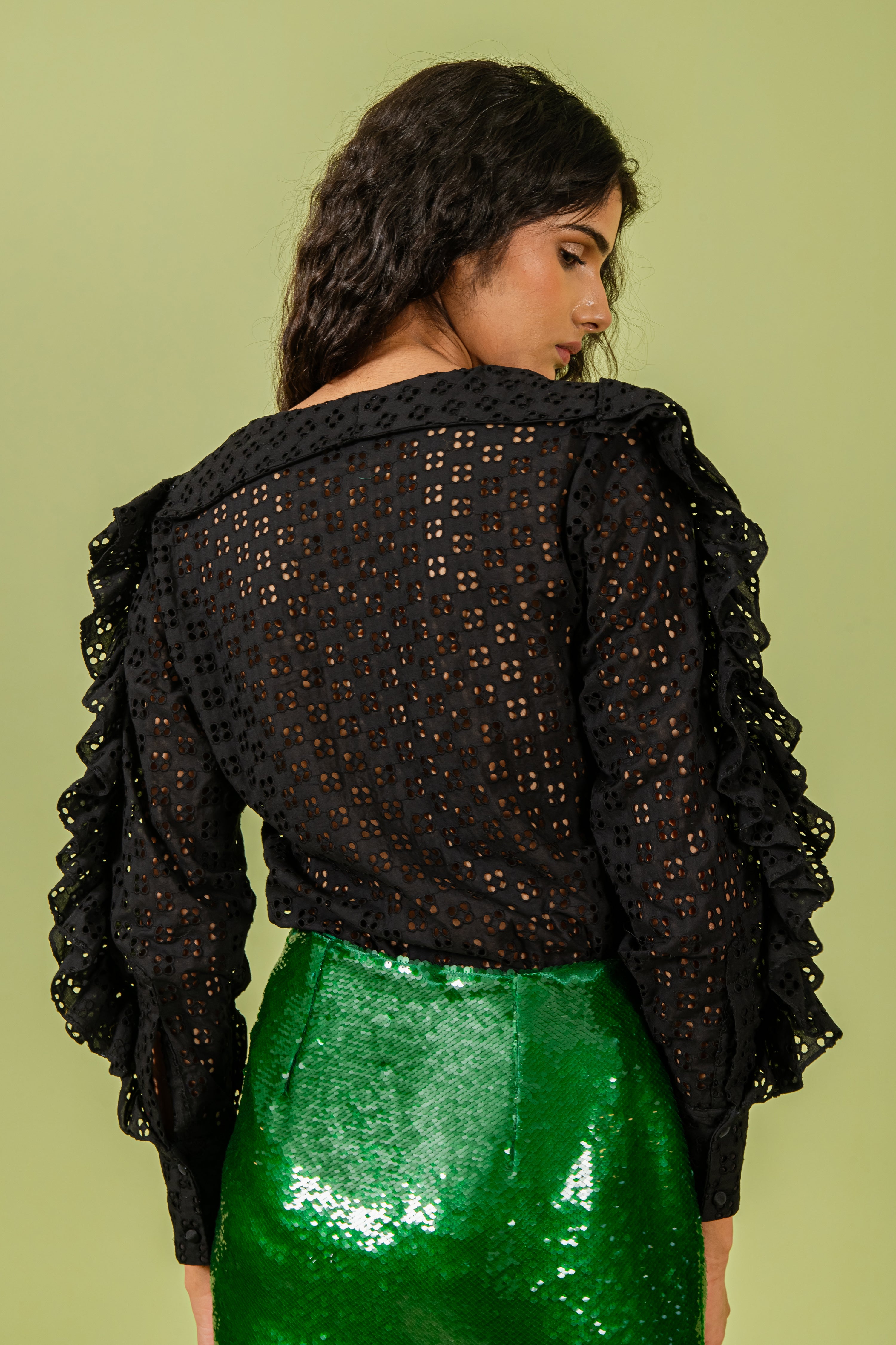 Black Cutwork Top with Sailor Collar & Ruffles On Sleeve