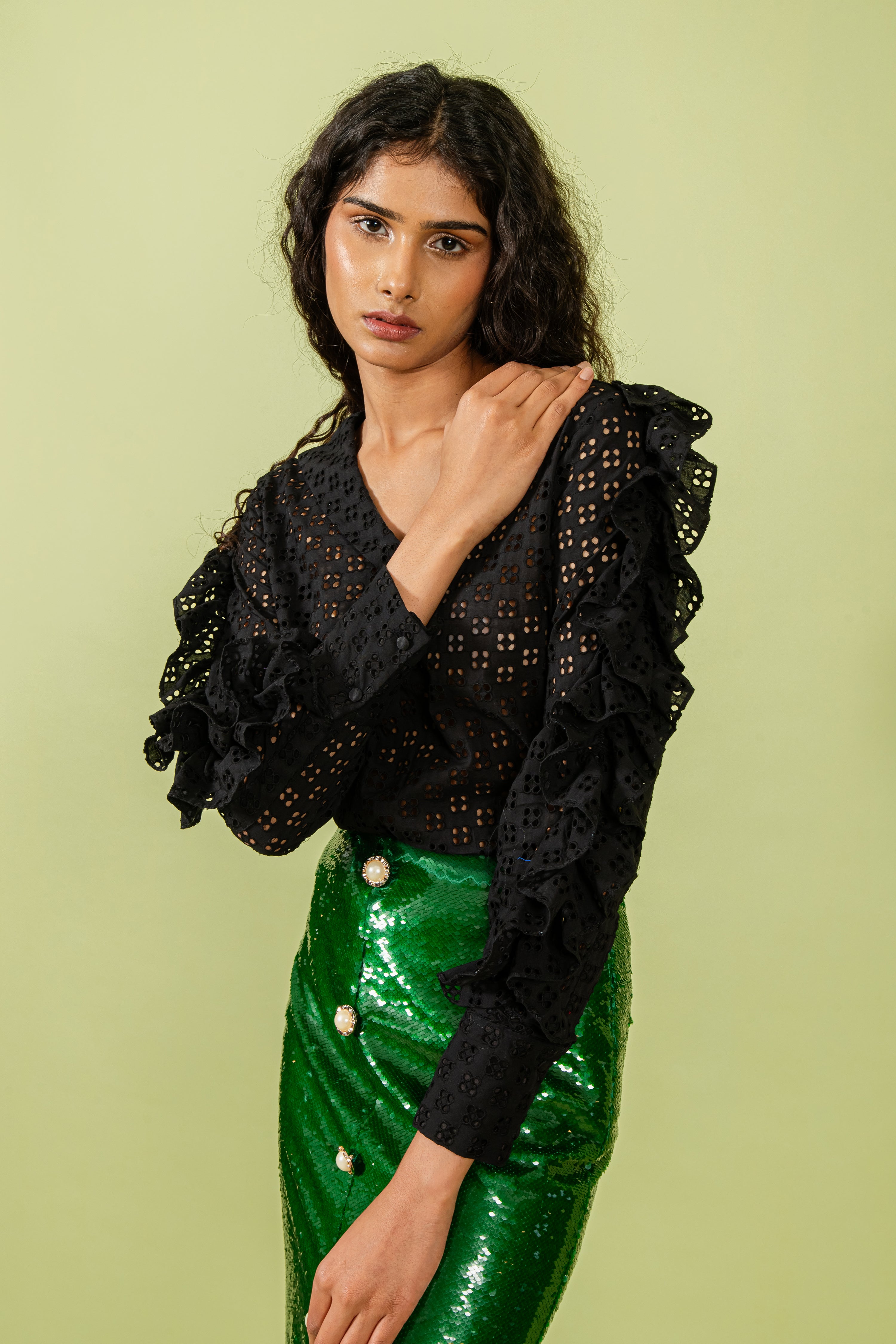 Black Cutwork Top with Sailor Collar & Ruffles On Sleeve