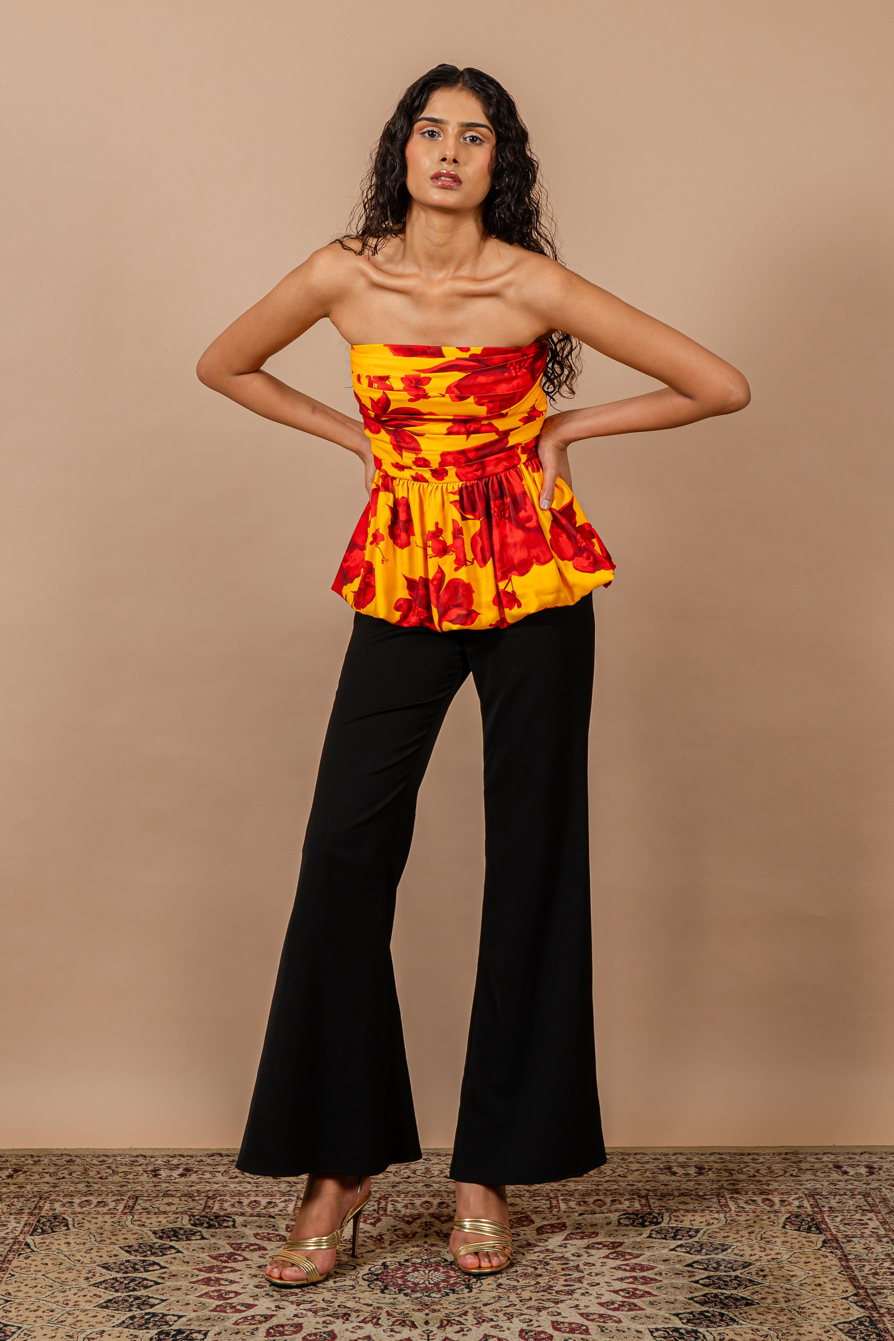 Yellow & Red Floral Print Draped Body Top