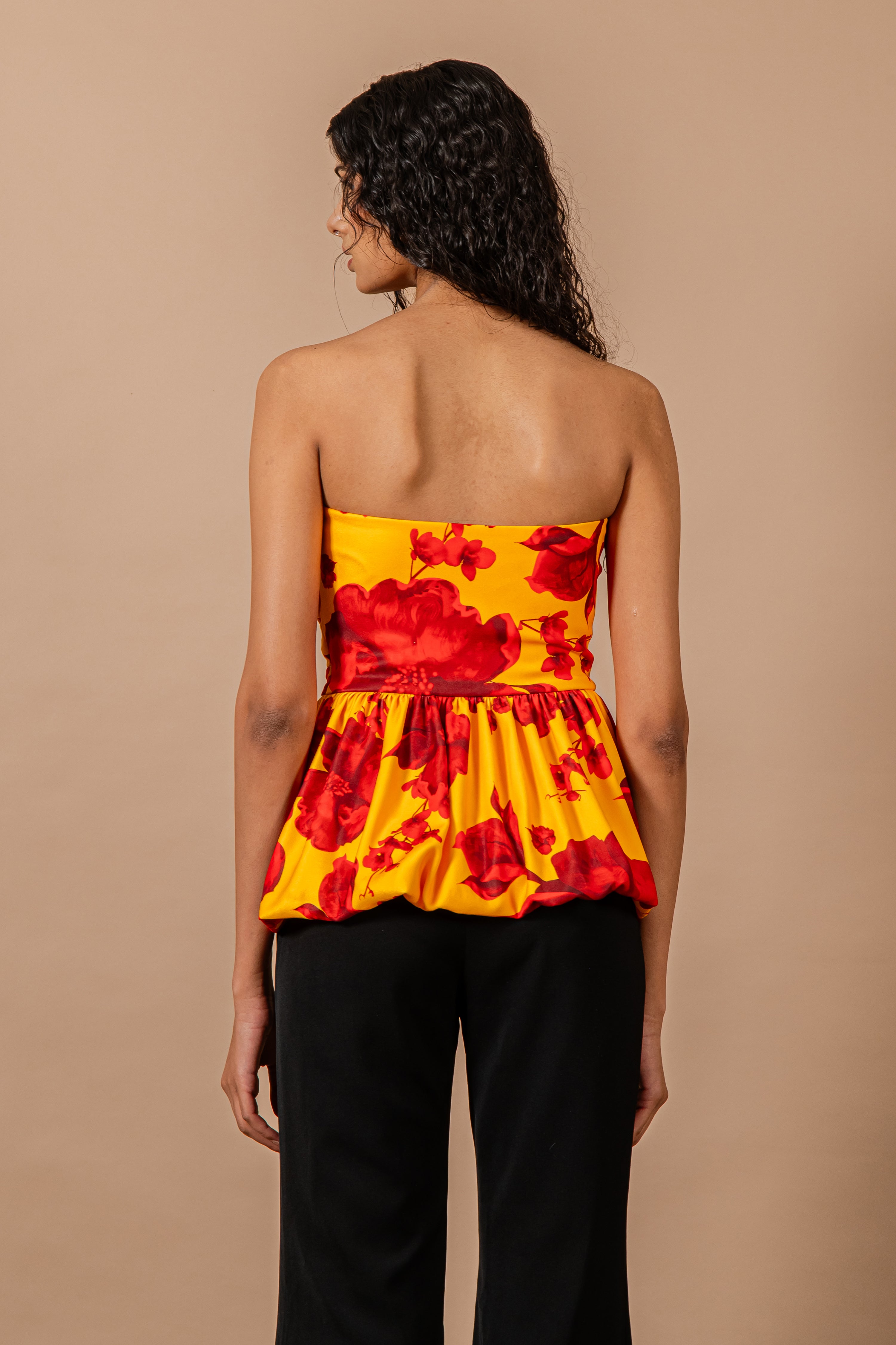 Yellow & Red Floral Print Draped Body Top