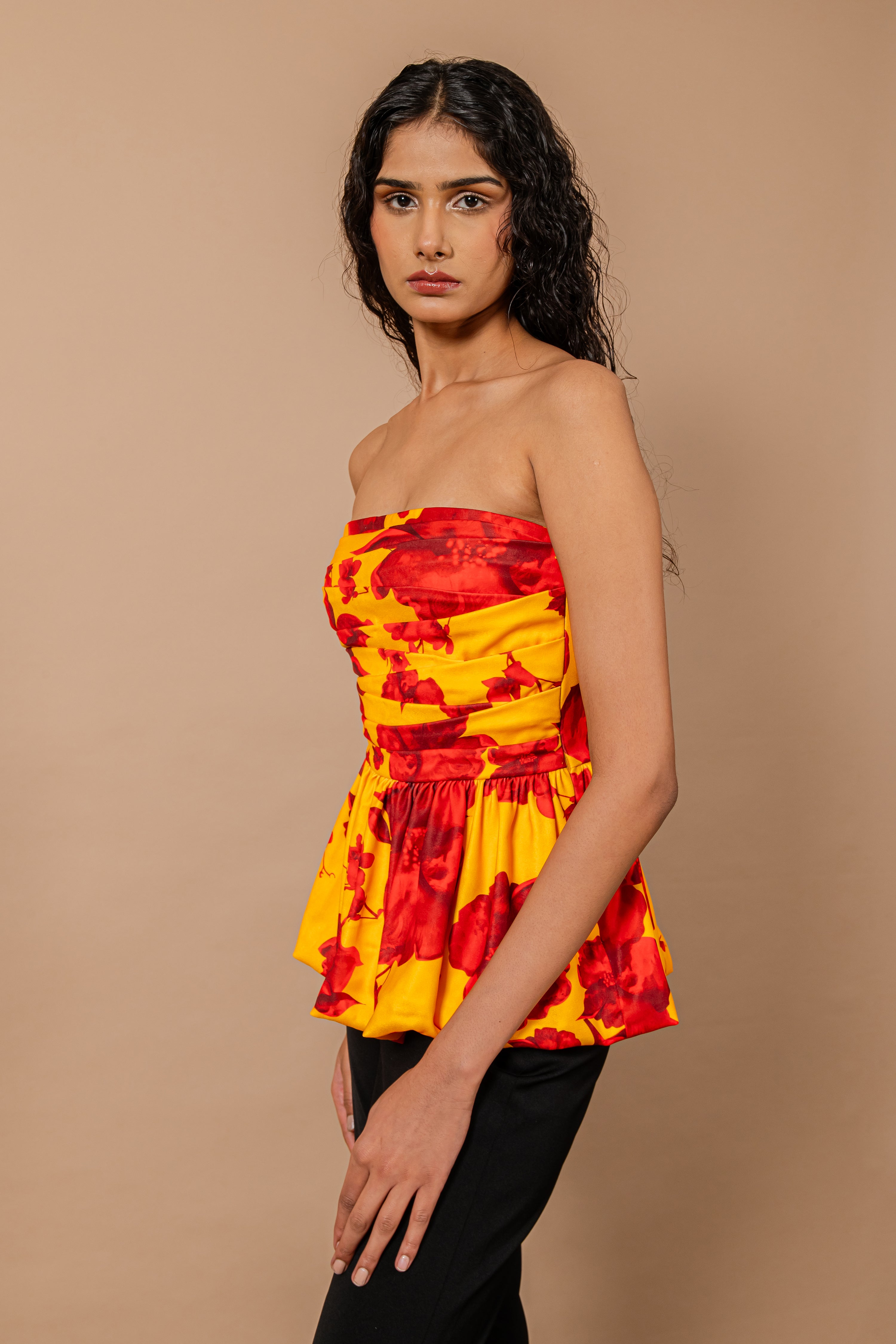 Yellow & Red Floral Print Draped Body Top