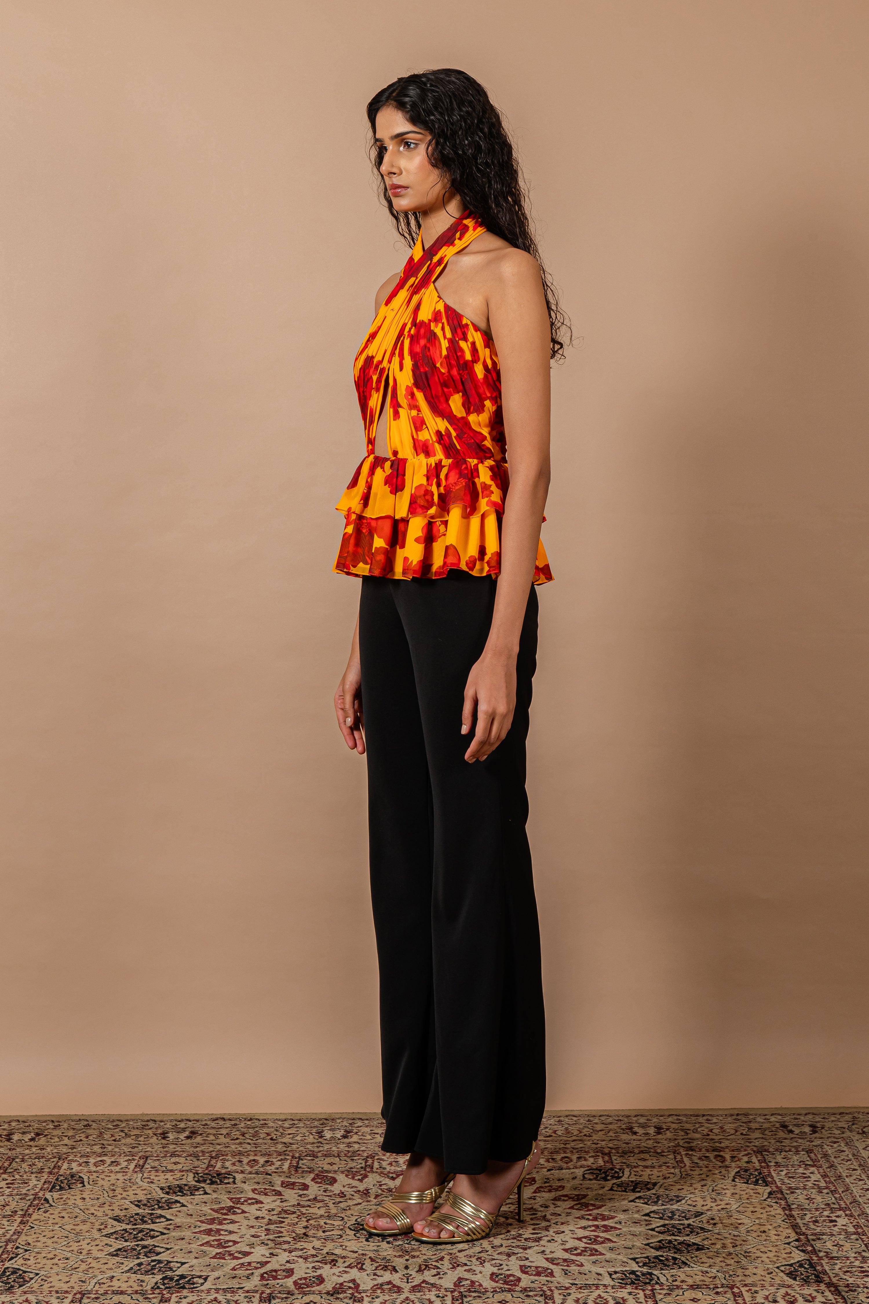 Yellow & Red Floral Print Cross Over Halter Neck Top