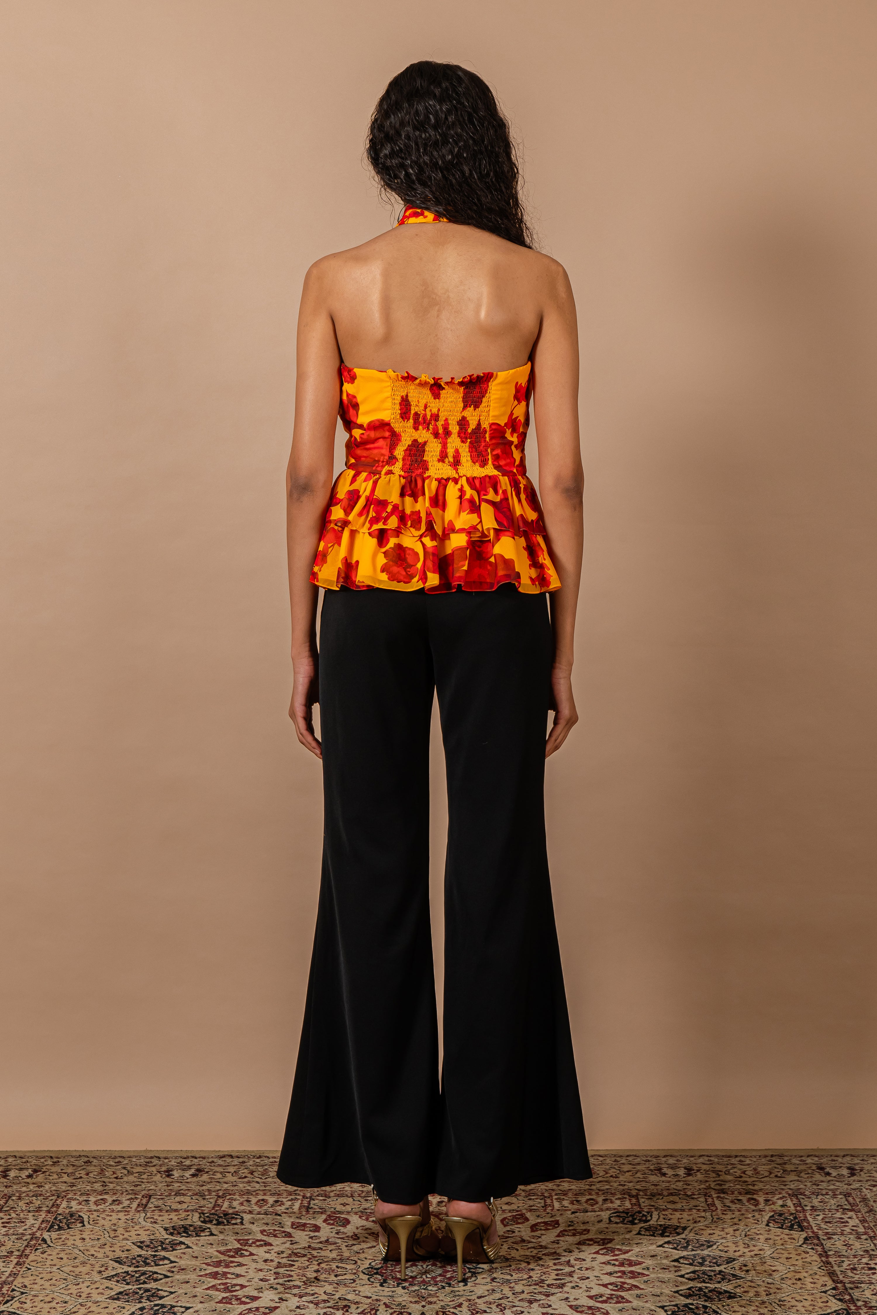 Yellow & Red Floral Print Cross Over Halter Neck Top