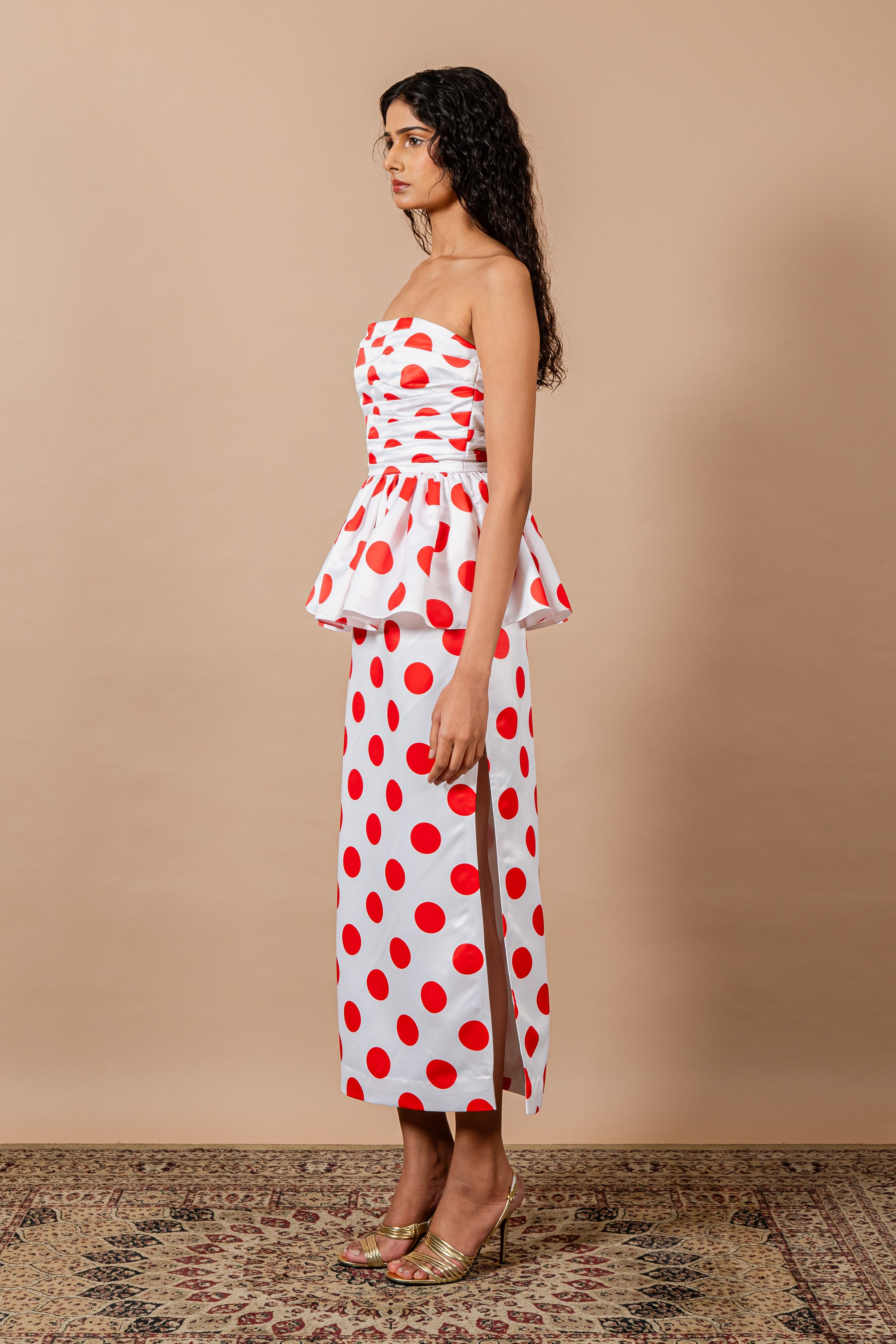 Red Polka Draped Body Tube Dress with Peplum & Slit