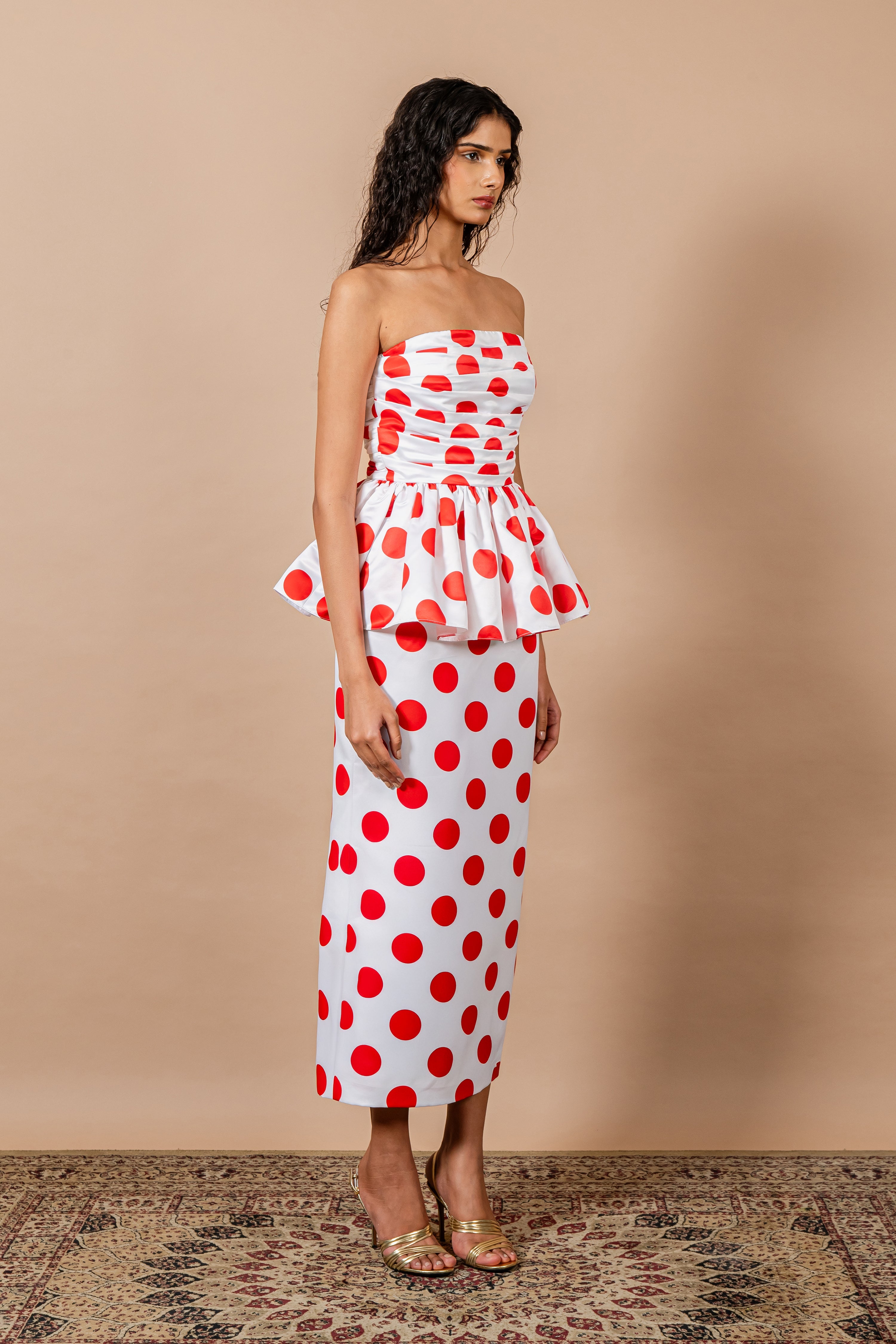 Red Polka Draped Body Tube Dress with Peplum & Slit