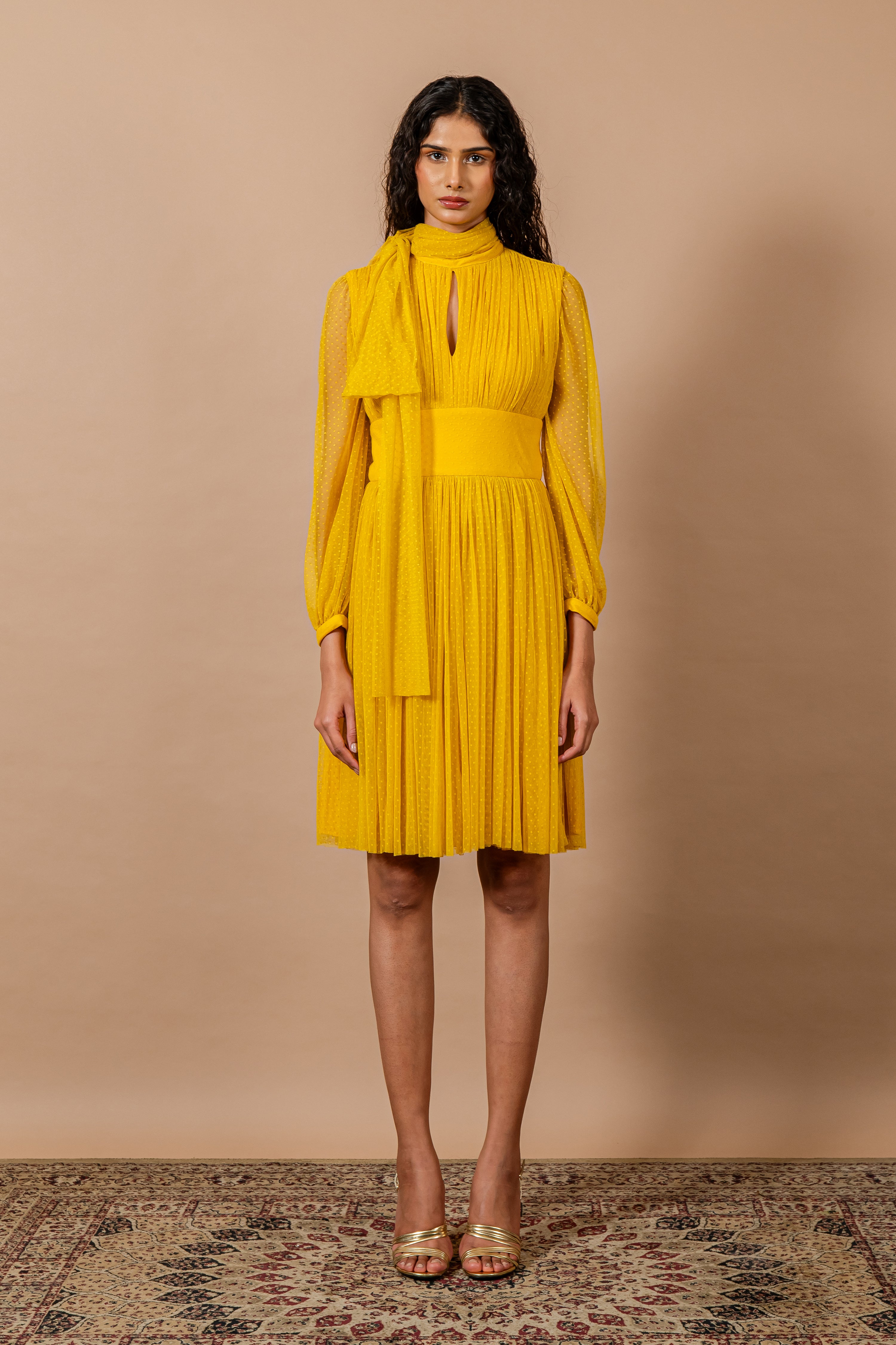 Yellow Band Neck Split Neck Tie Up Polka Lace Dress
