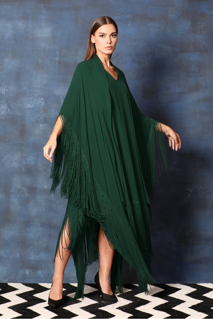 Scarf Collar V Neck Kaftan Asymmetrical Dress with Fringes