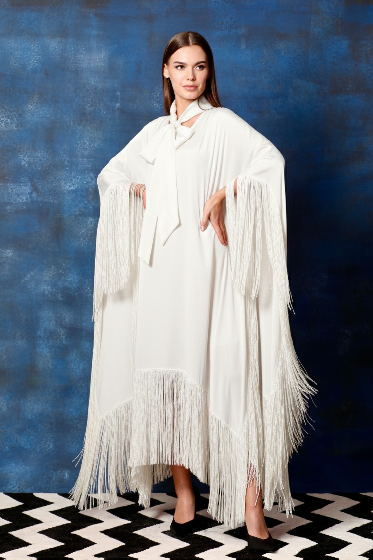 Scarf Collar V Neck Kaftan Asymmetrical Dress with Fringes