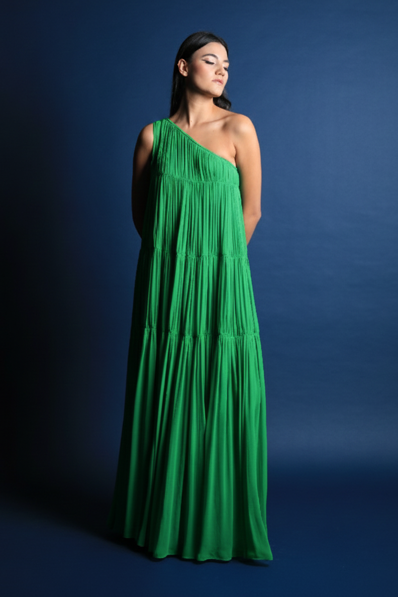 One Shoulder Ruched Tiered Maxi