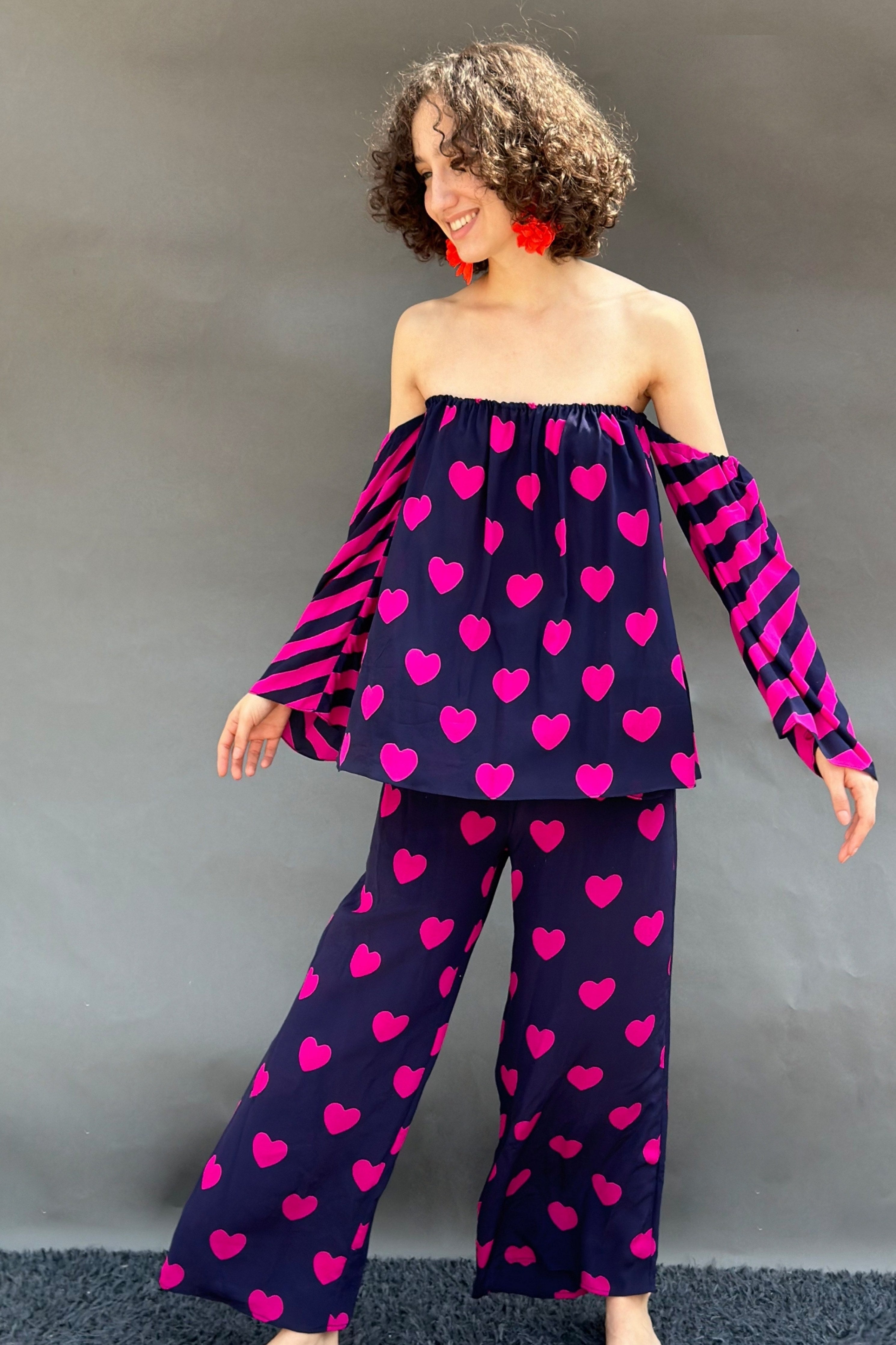 Off Shoulder Heart Printed Top With Wide Legged Pants Set