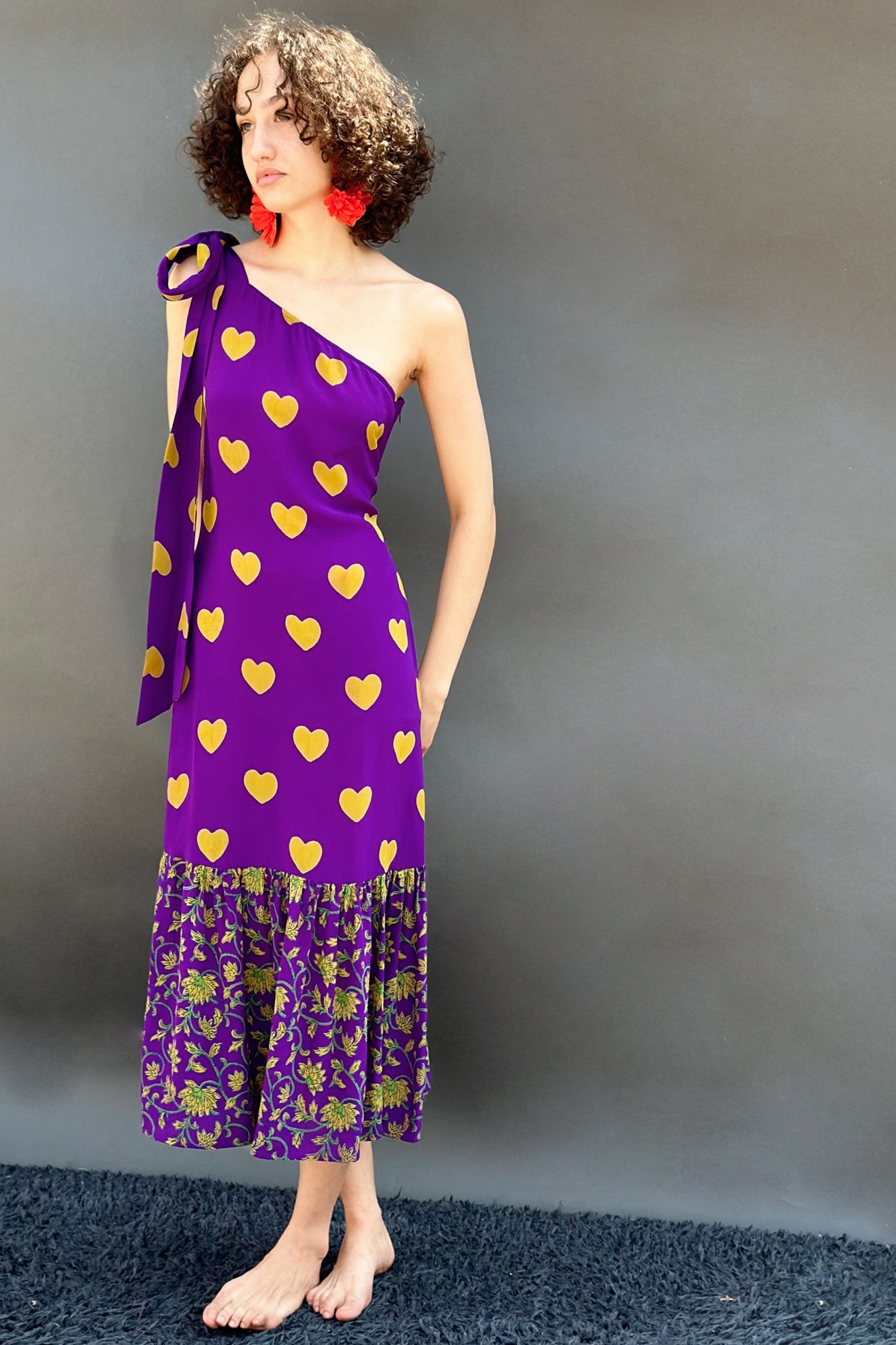 Purple Ochre Hearts & Floral One Shoulder Dress With Tie Up Bows