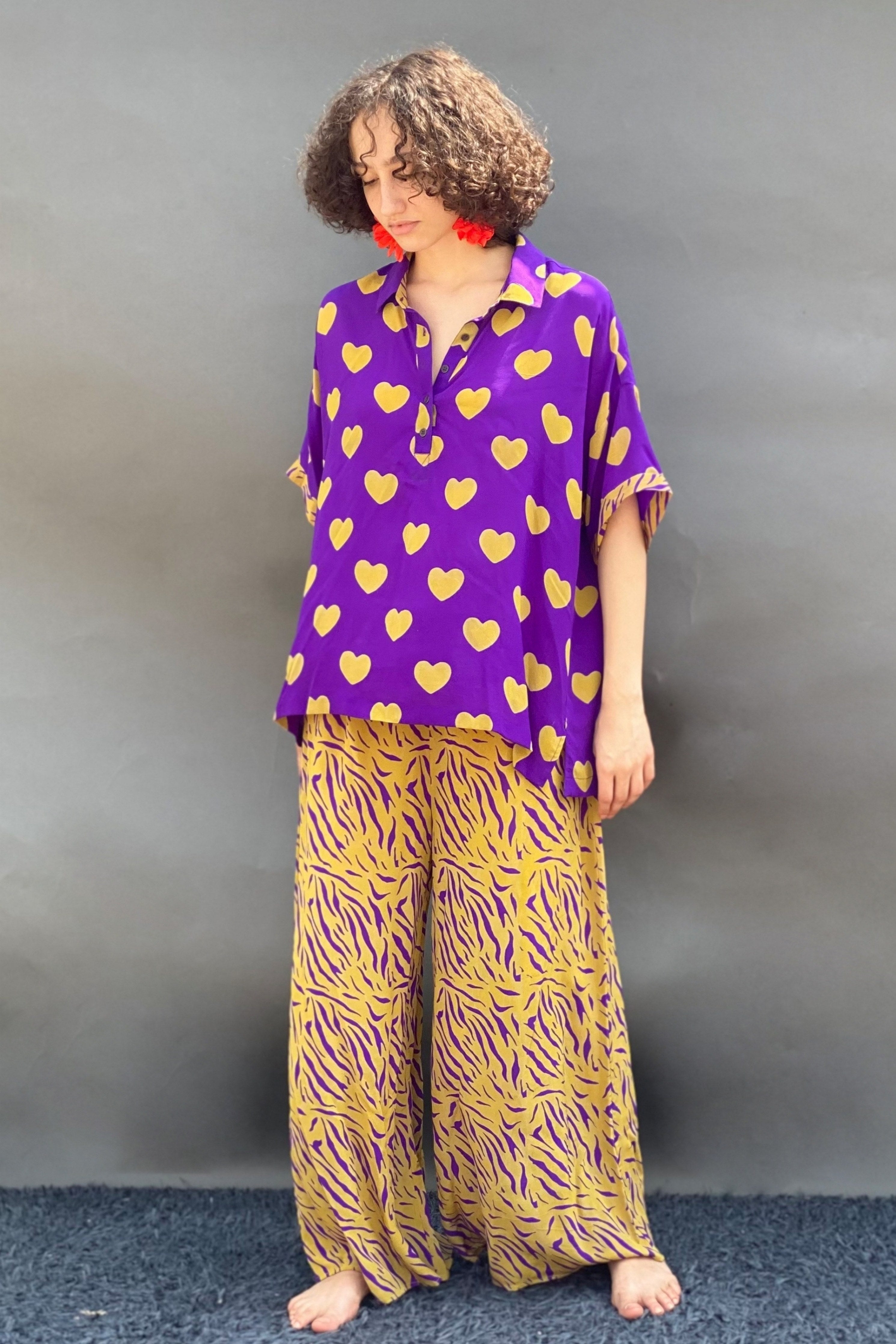 Purple Ochre Heart Print No Armhole Shirt With Zebra Print Wide Legged Pants