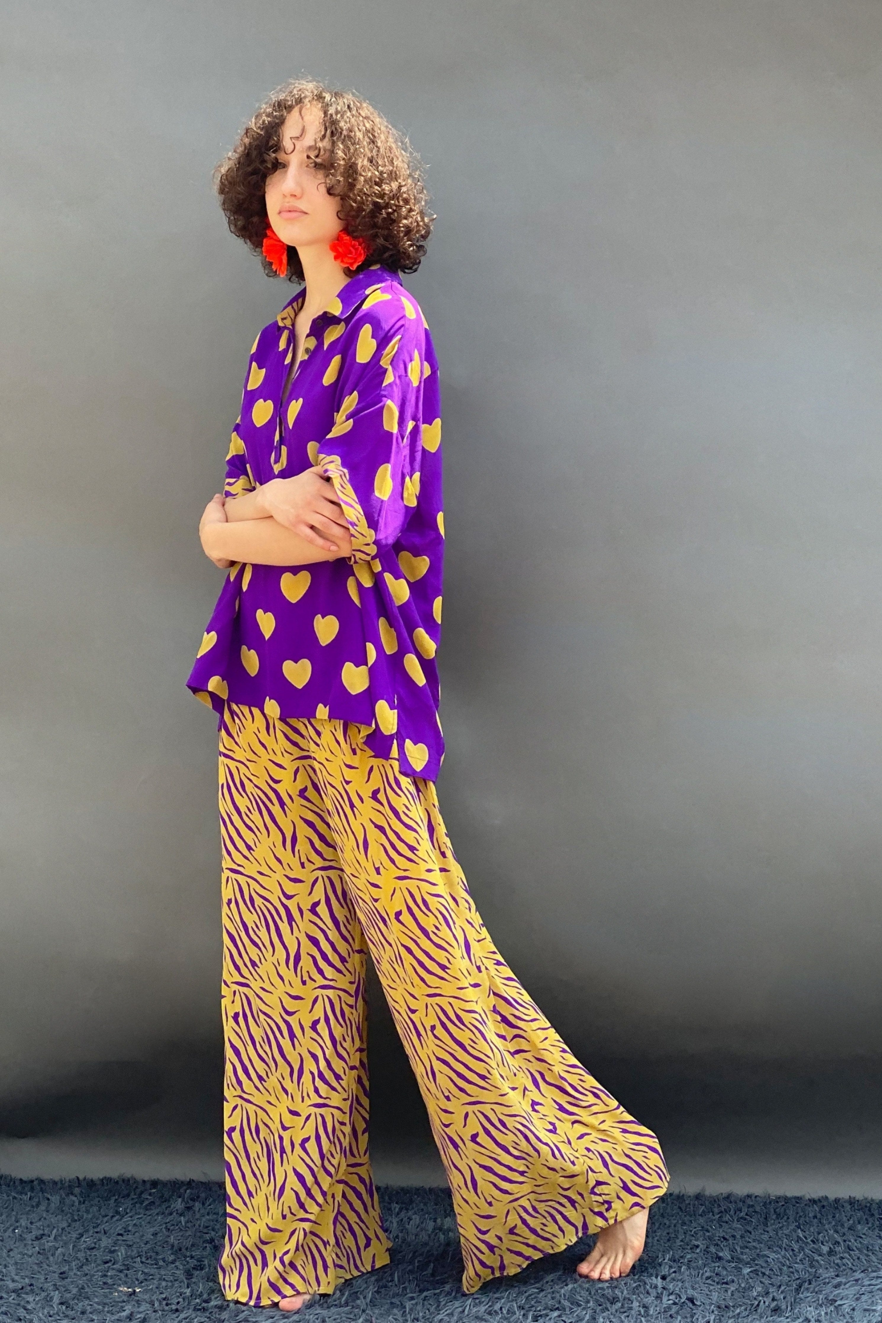 Purple Ochre Heart Print No Armhole Shirt With Zebra Print Wide Legged Pants
