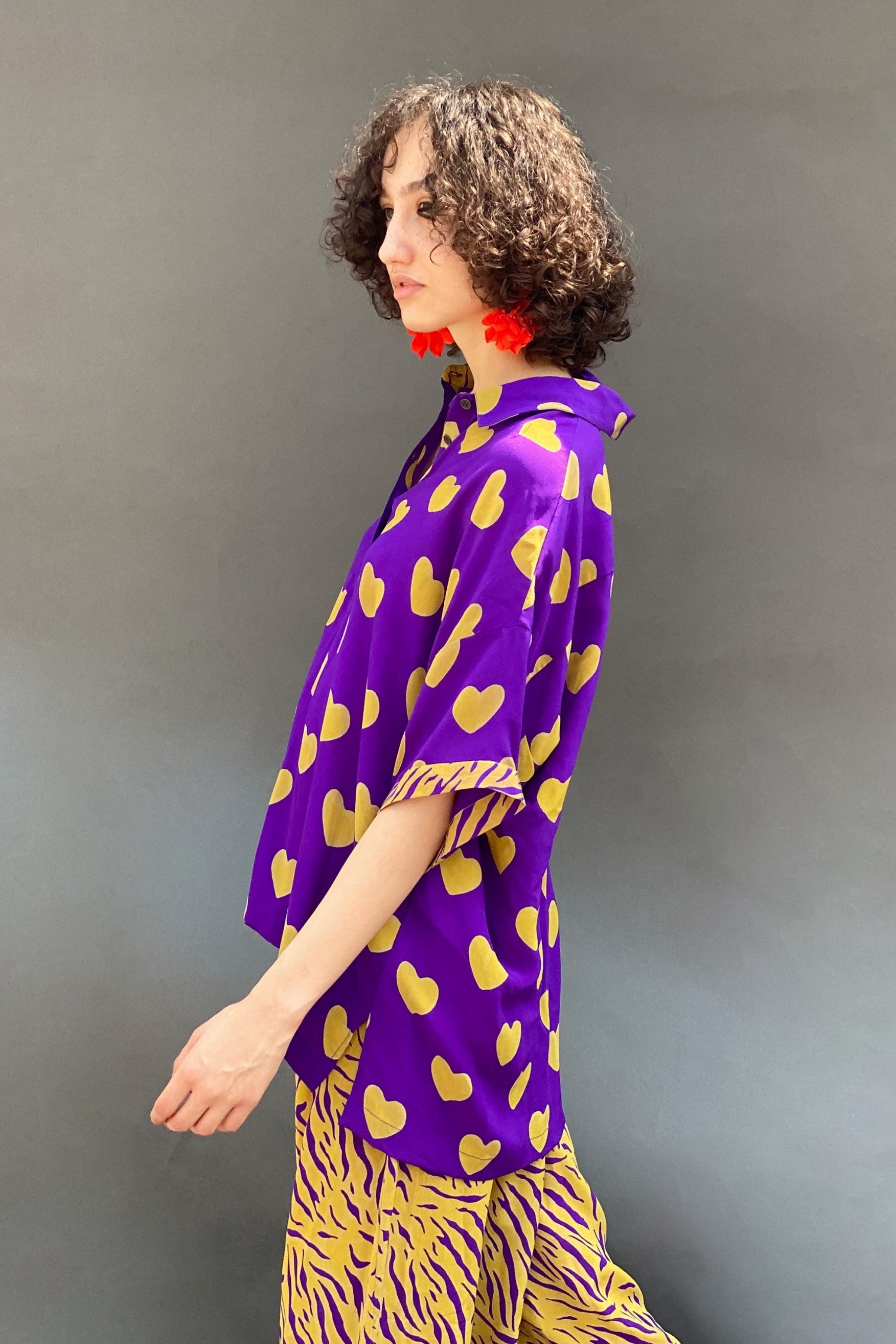 Purple Ochre Heart Print No Armhole Shirt With Zebra Print Wide Legged Pants