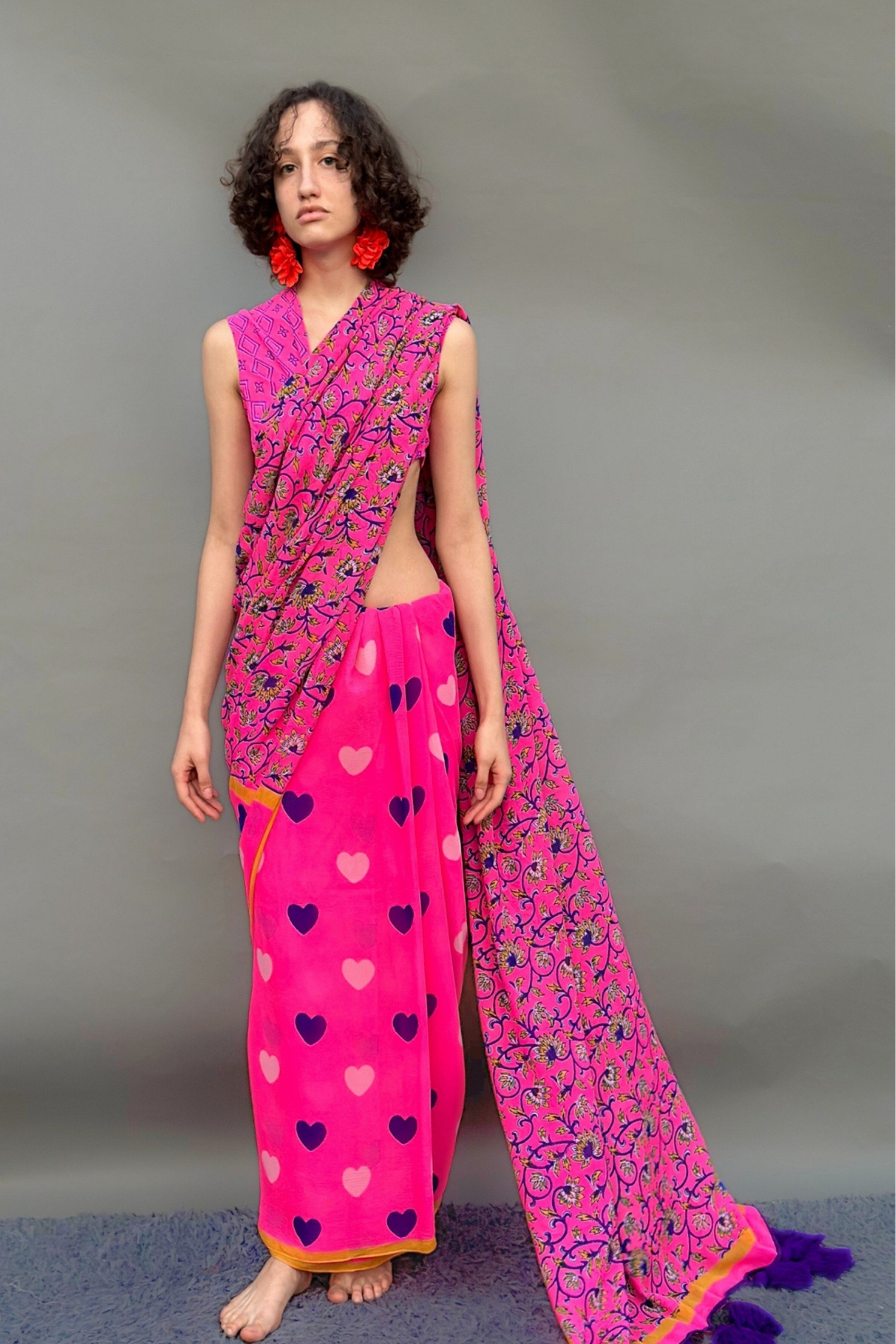 Neon Pink Floral & Heart Print Saree