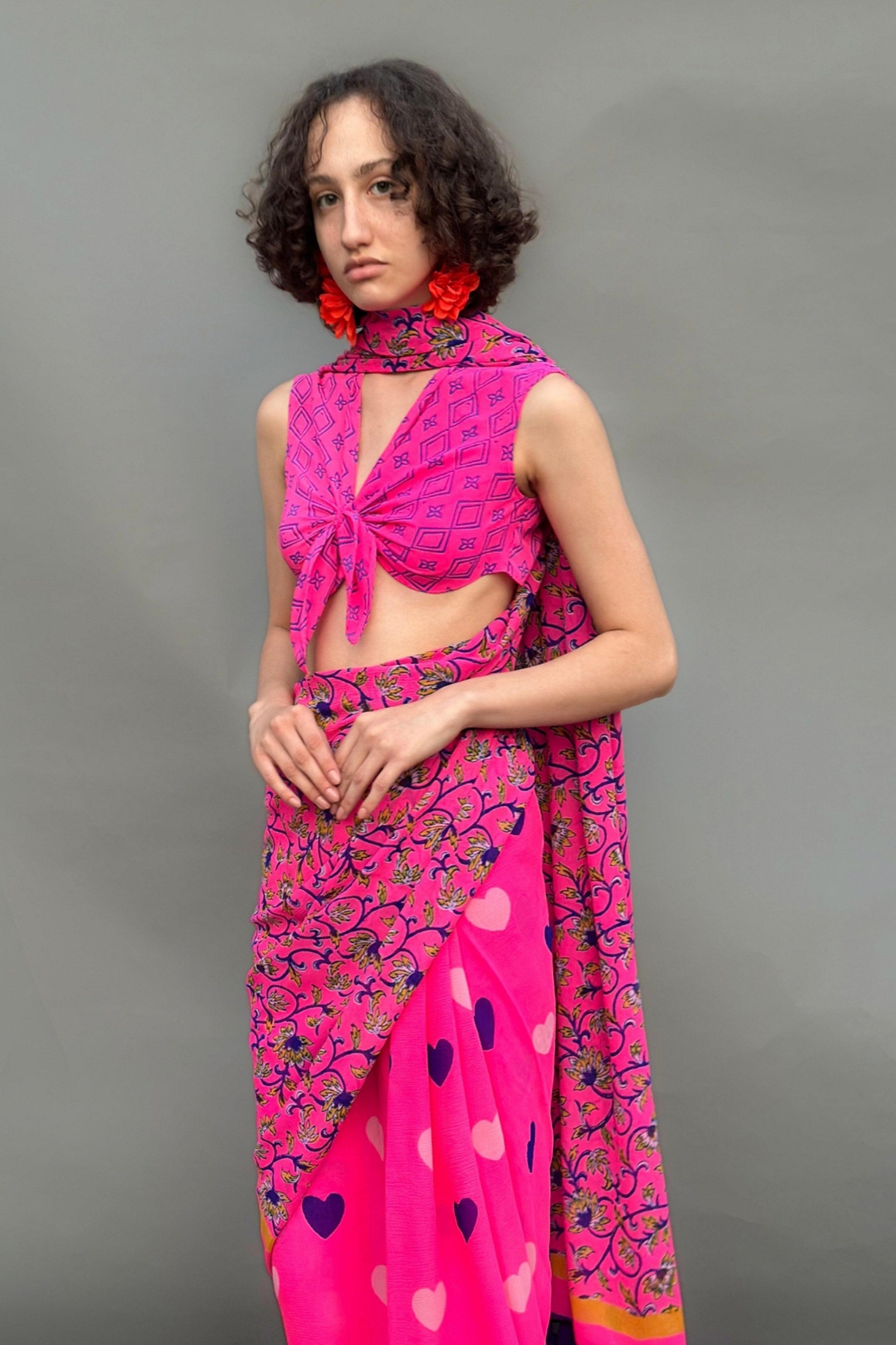 Neon Pink Floral & Heart Print Saree