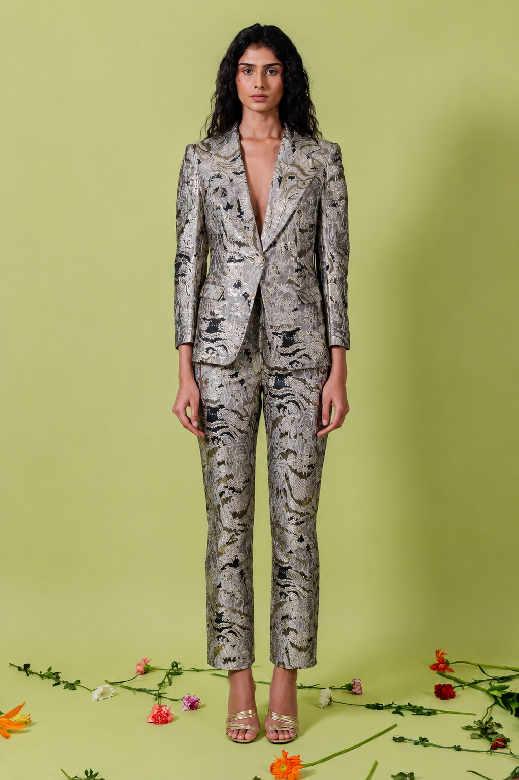 Black & Gold Jacquard Blazer Set